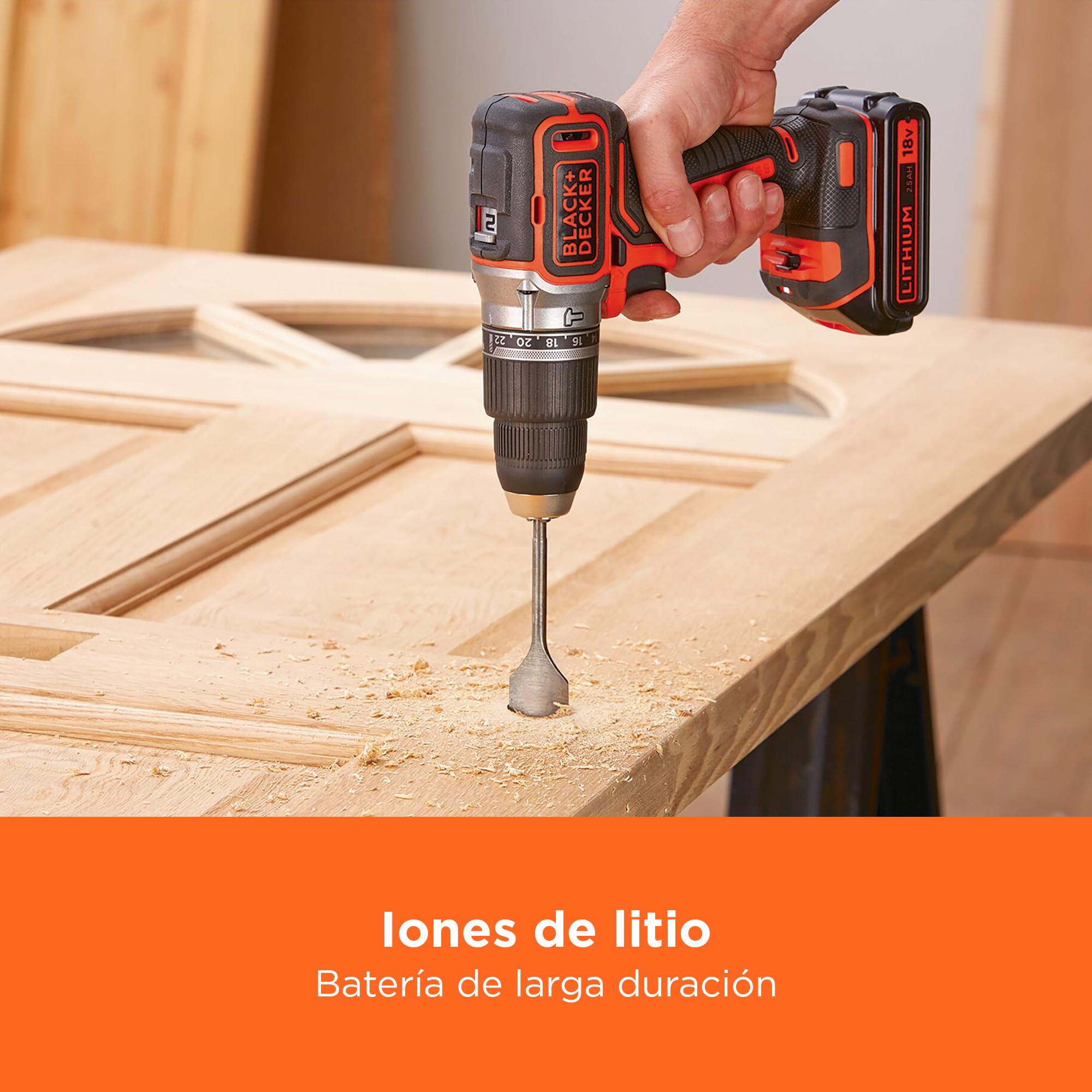 BLACK+DECKER Taladro percutor inalámbrico de 18V con 2 baterías de 2,5Ah, velocidad variable, 2 engranajes, 52Nm de par, POWERCONNECT, BL188E2K-QW