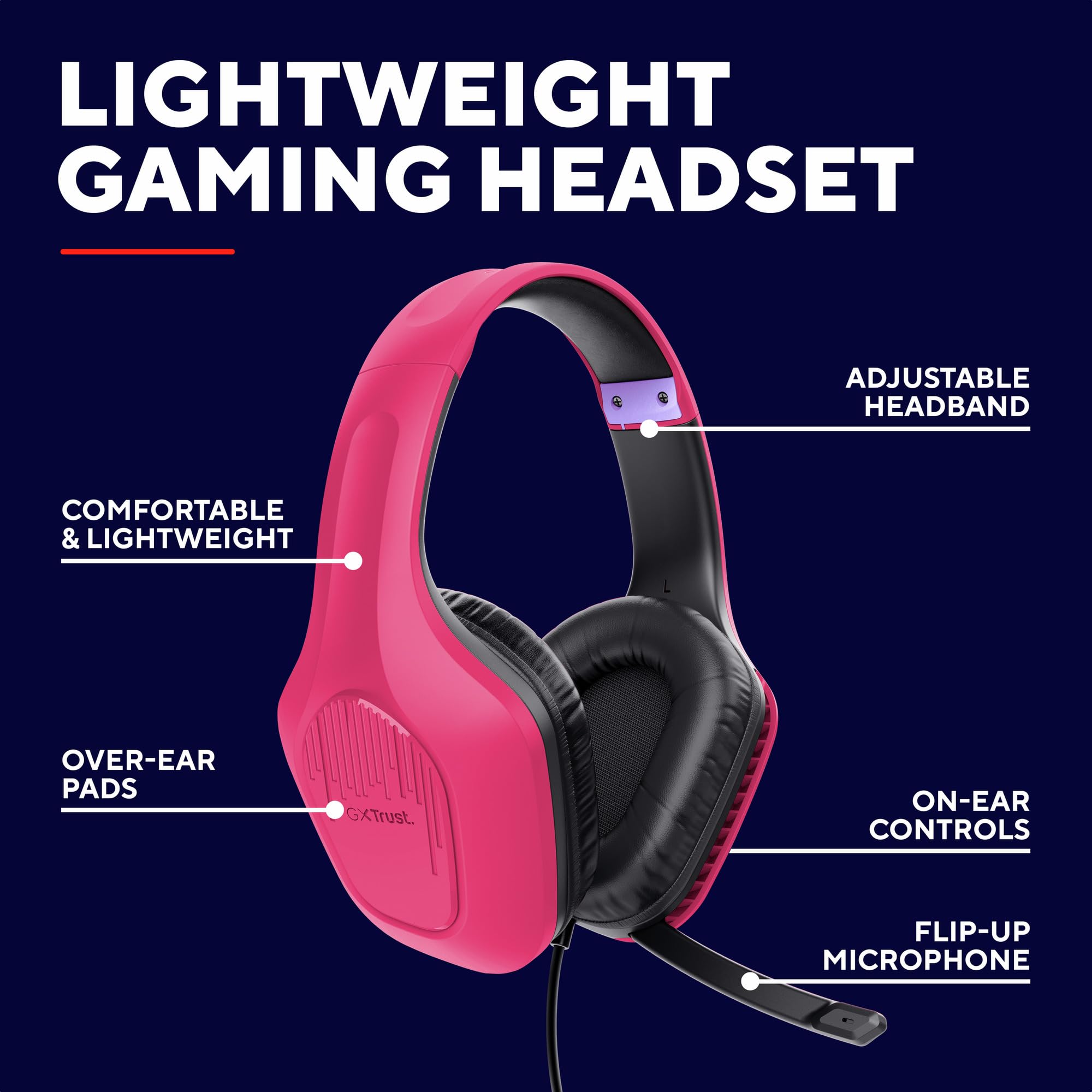 GXTrust Rayne lekkie słuchawki gamingowe PC Xbox PS5 Switch, różowe | 3.5 mm, kabel 200 cm, przetworniki 50 mm, odchylany mikrofon, przewodowy zestaw słuchawkowy wokółuszny