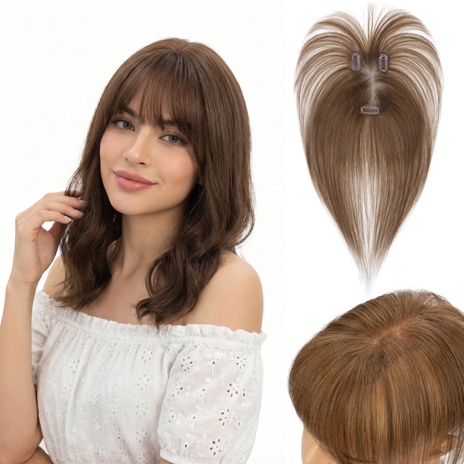 Rich Choices Haartopper Echthaar mit Pony 100% Remy Human Hair Topper Clip in Haarteil Echthaar Topper Damen für Natürlicher Oberkopf 14g #4 Mittelbraun Wispy Bangs