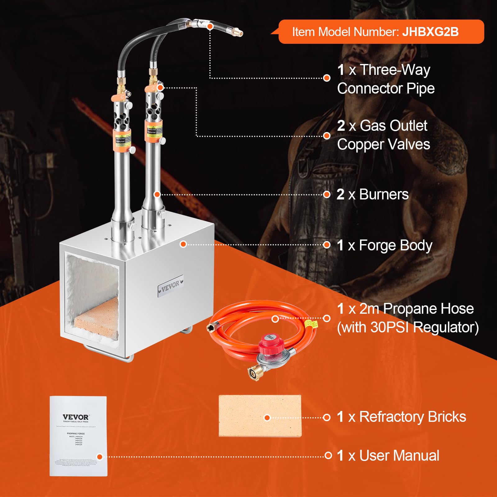 VEVOR Forgia a gas propano portatile, forno a gas quadrato con 2 bruciatori, temperatura max 1427 ℃, utensili e attrezzature per forgiatura a gas in acciaio inox, per colteliere Maréchaux-Ferrants