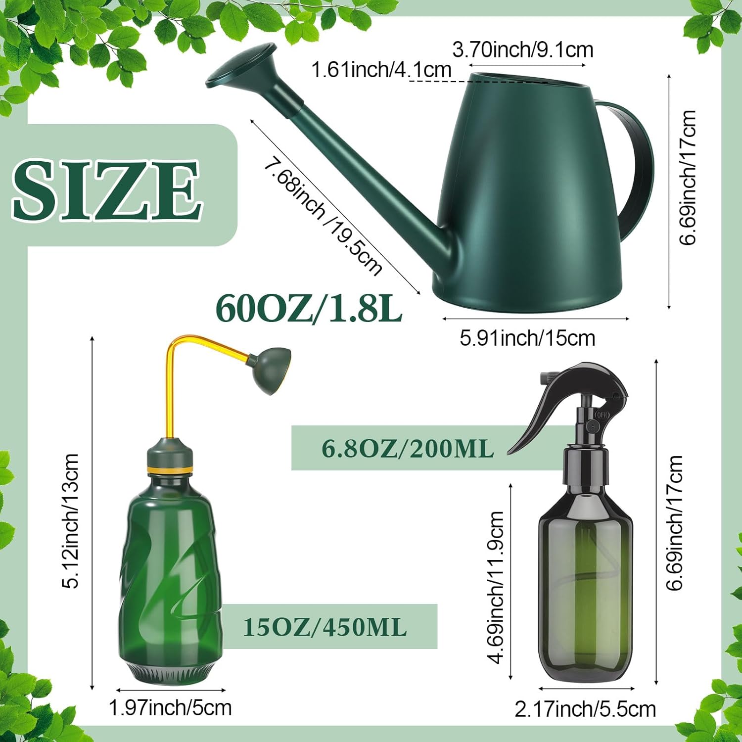 Reallnaive 6 Pcs Indoor Watering Can Set 1/2 Gallon Can 6.8 oz Spray Bottle 17 oz Squeeze Bottle Plant Watering Globes Soil Moisture Meter Small Spraying Sets for Indoor Outdoor(Dark Green)