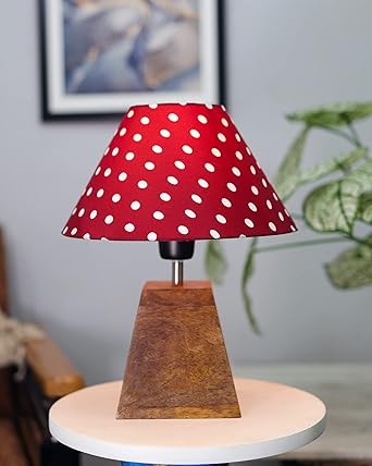 Homesake Pyramid Modern Table Lamp, Wooden Base Modern Fabric Lampshade for Home Office Cafe Restaurant, (Cone Red Dot)