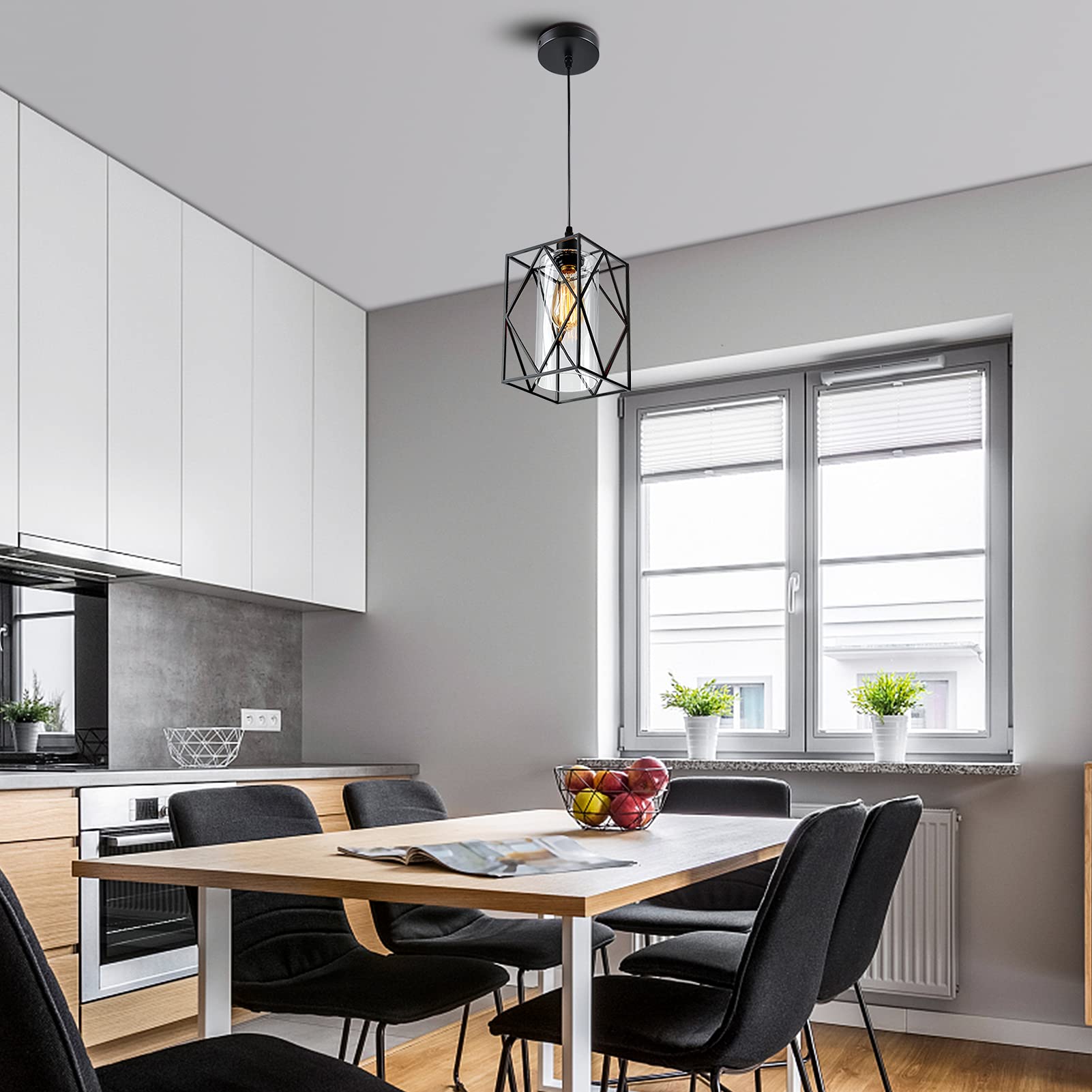 HMVPL Black Farmhouse Pendant Lights Kitchen Island, Modern Hanging Lamp, Glass Pendant Light Fixture for Dining Room, Hanging Light Bedroom, Living Room Entryway Hallway Foyer