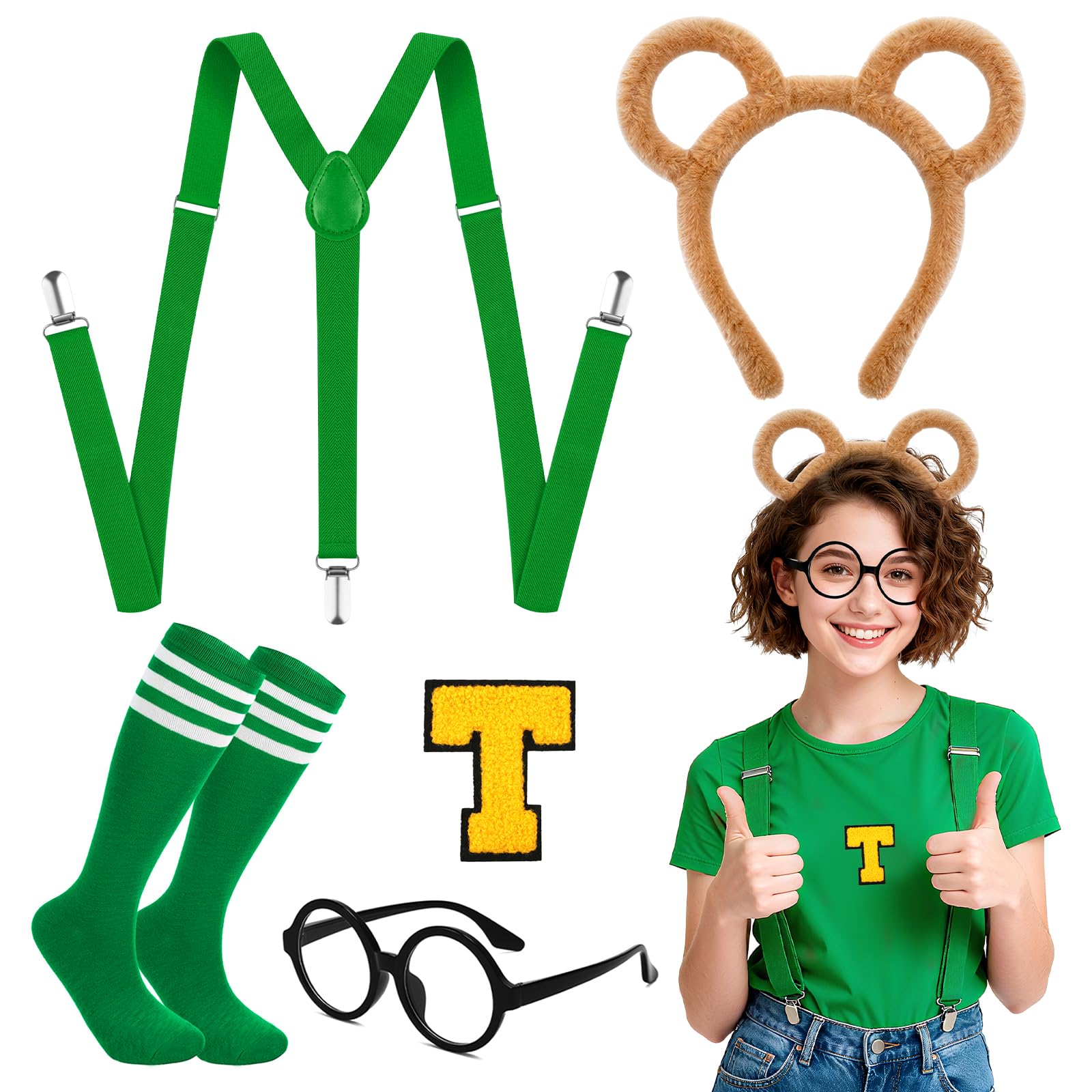 Jokureao 5PCS Chipmunk Costume Set for Adults Chipmunk Fancy Dress with Striped Socks, Chipmunk Headband, Glasses