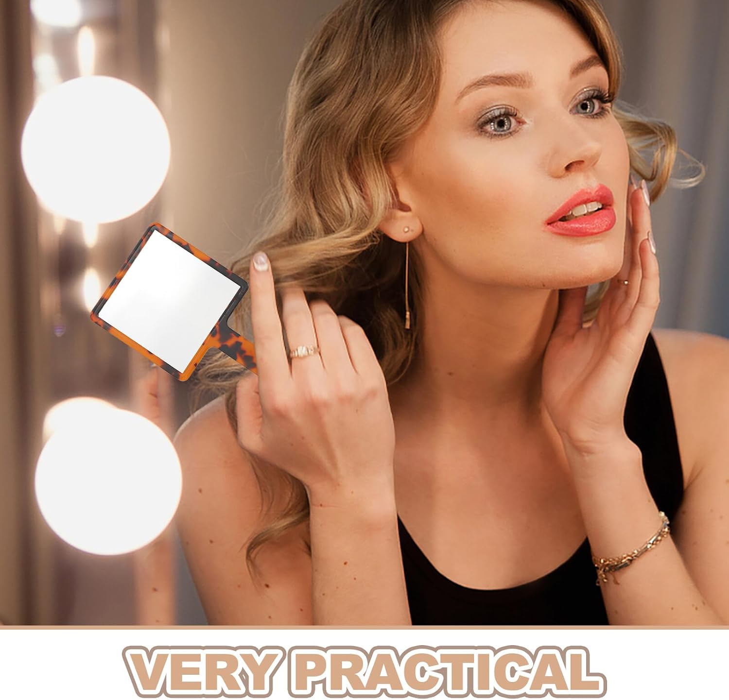 SOLUSTRE Leopard Acetate Glass Retro Handheld Makeup Mirror with Handle