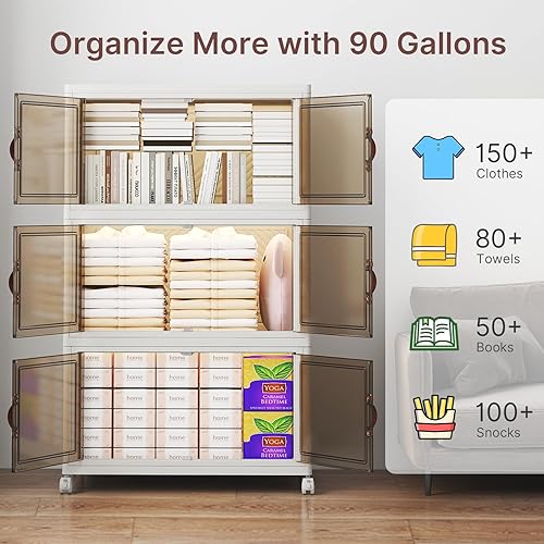 Miniatura 5 de Contenedores de almacenamiento apilables de 480 cuartos de galón con tapas, paquete de 4 contenedores grandes plegables con ruedas, armario de