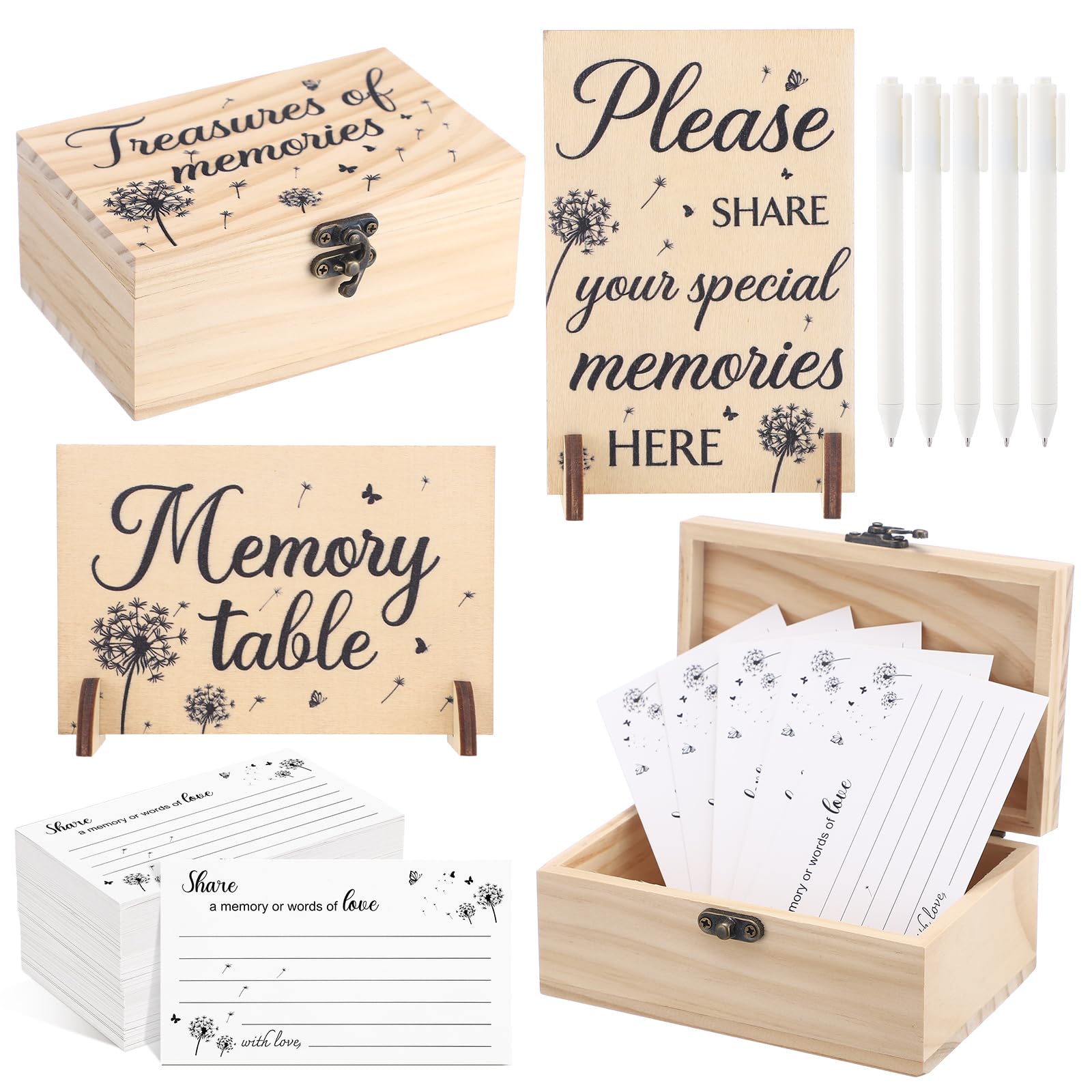Gilprop 112 Pcs Celebration of Life Memory Cards Set Share a Memory Cards with Box 2 Wood Sign with 4 Hold and 5 Pens, Sympathy Memorial Gifts Funeral Keepsake Decorations (Dandelion) — image 1