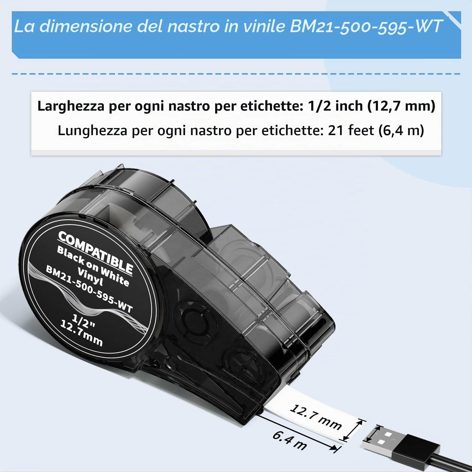 3x MarkField M21-500-595-WT Nastro per Etichettatrice | Compatibile con Vinile Etichettes Tutto il Tempo, Nero su Bianco, 12.7mm x 6.4m