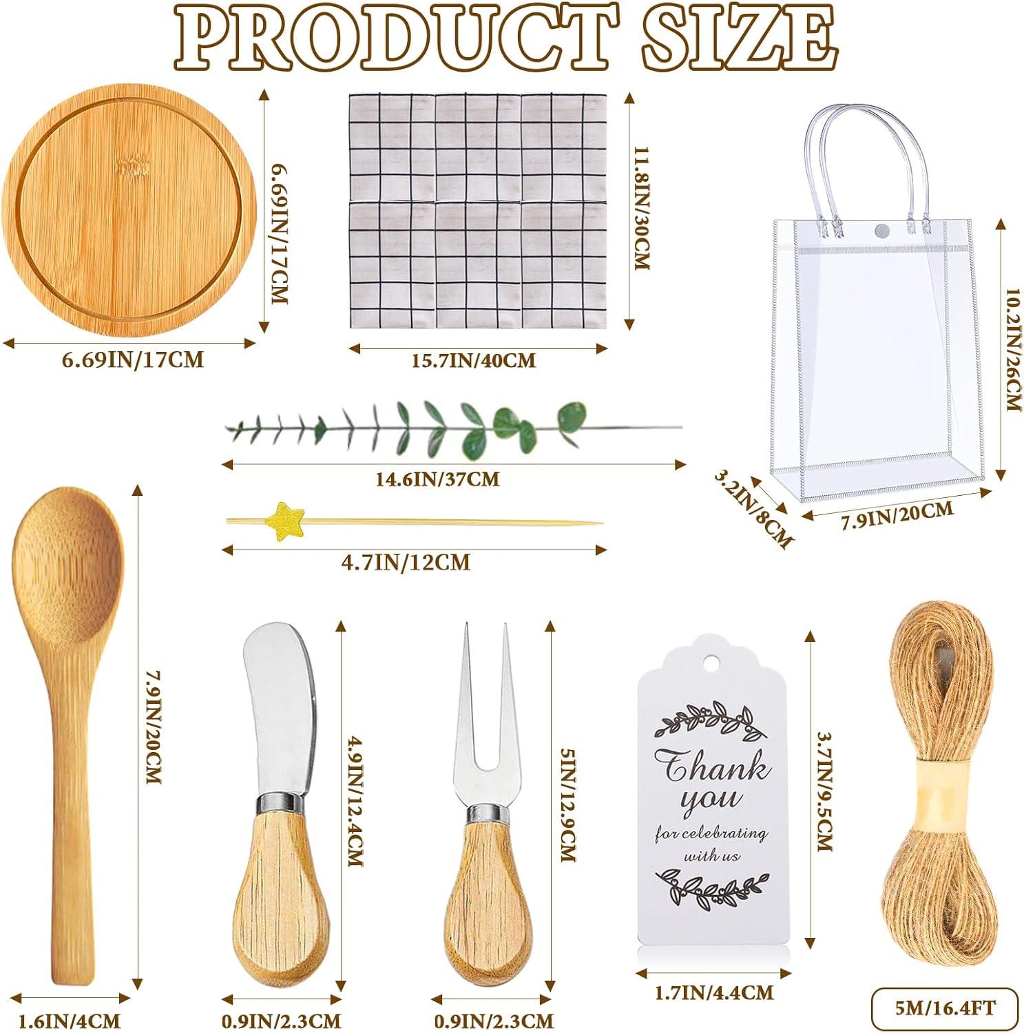 6 Sets Baby Shower Prizes for Game Winners, Bamboo Cheese Board Spoon Fork Butter Spreaders Plaid Towel Thank You Card and Gift Bags for Baby Shower Wedding Bridal Shower Favors for Guests (ROUND)