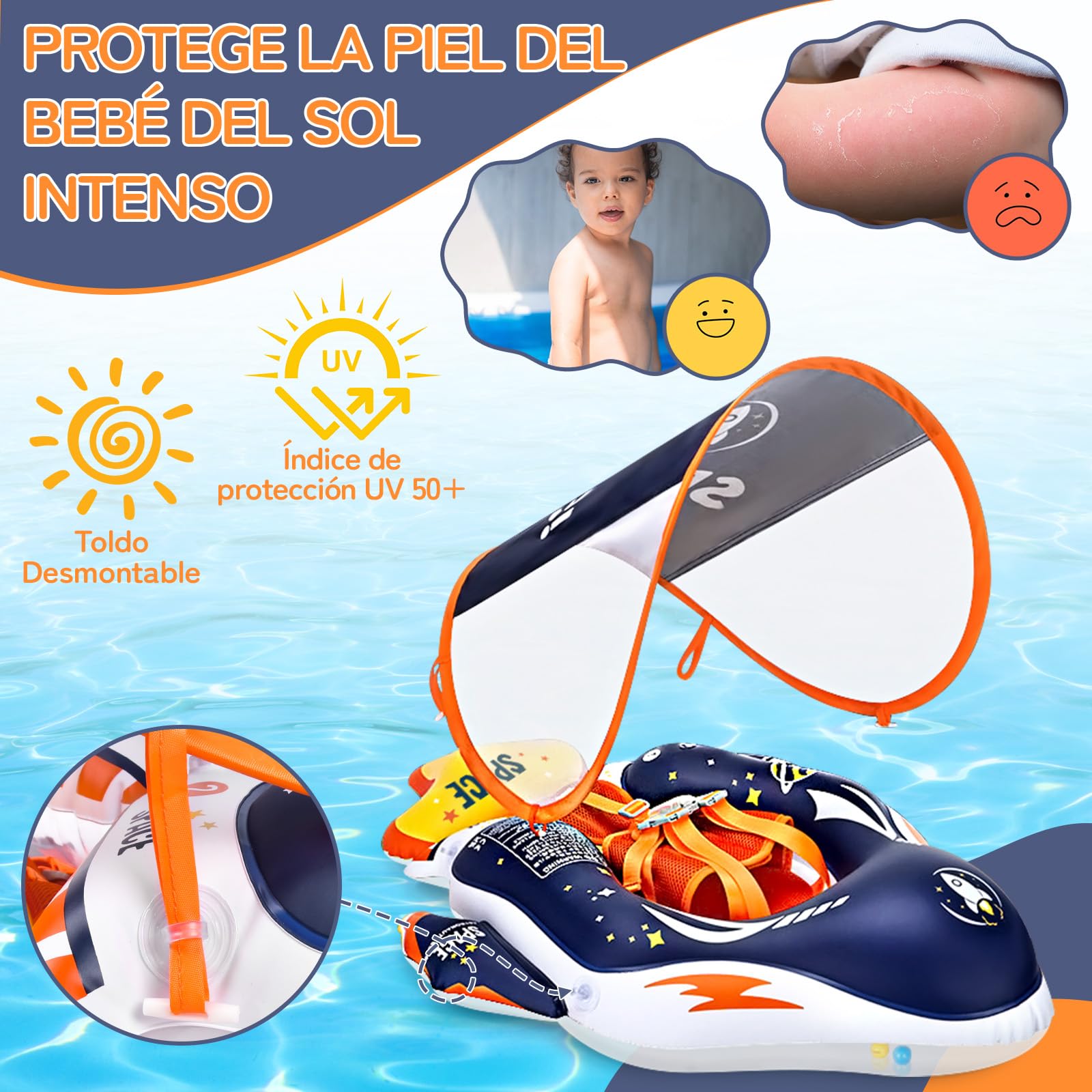 IEEILULU Flotador Bebe con Sombrilla, Flotador Bebe Inflable con Asiento, Anillo de Natación para Bebé, Flotador de Piscina para Bebé para Piscina, Playa y Vacaciones 6-36 Meses