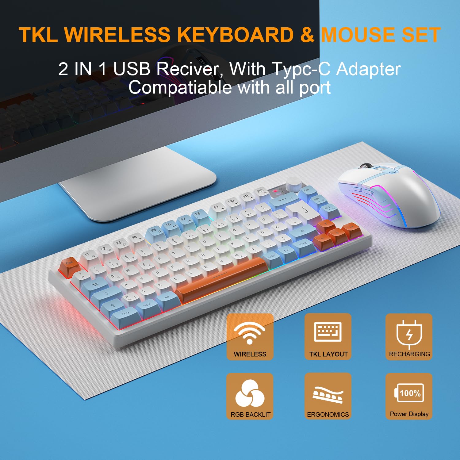75% Tastatur und Maus Set Kabelloses, QWERTZ DE Layout Kompakte Gaming Tastatur mit Lautstärkeregler, Wiederaufladbare RGB Maus mit Akkuanzeige, Für PC Mac Xbox PS5