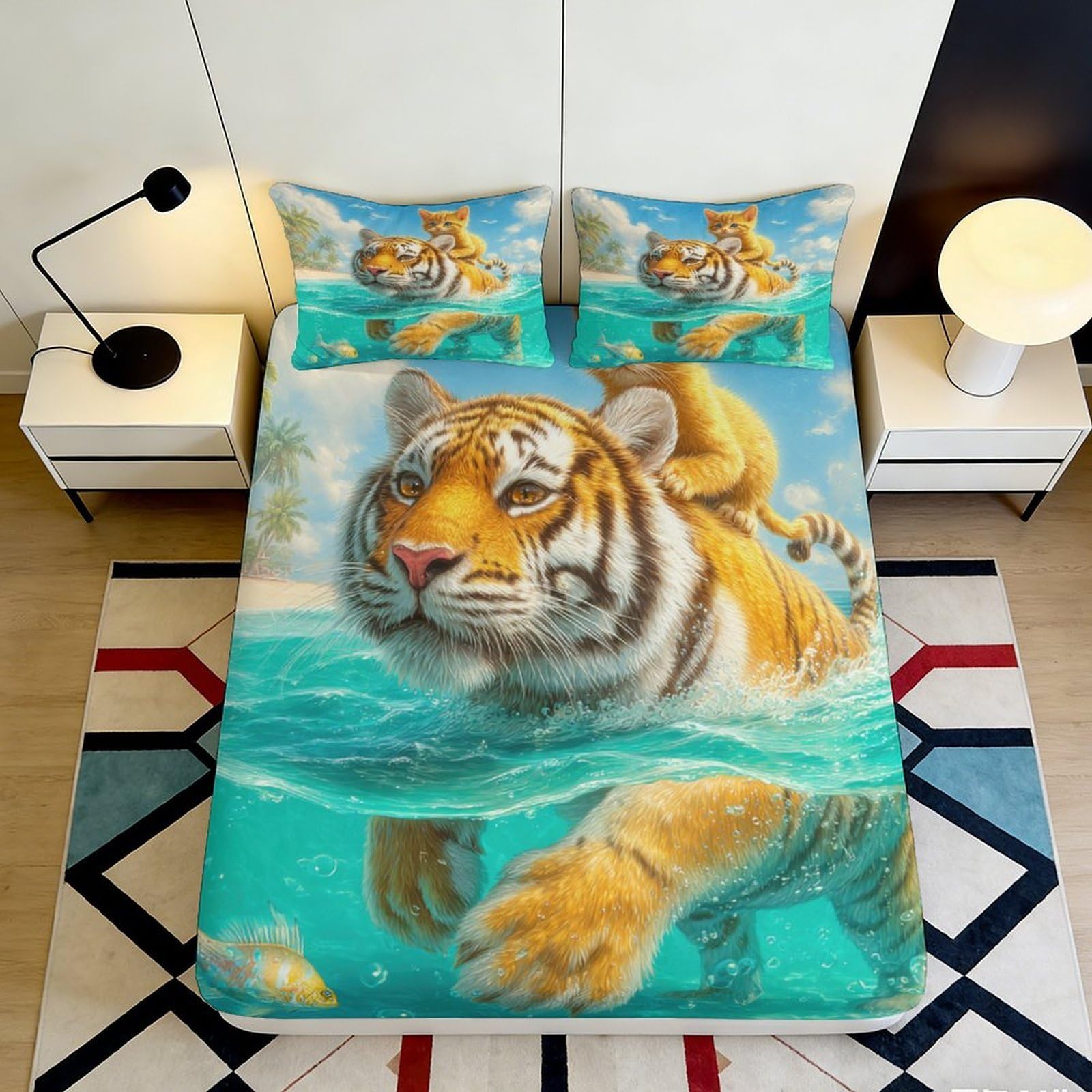 3D Printed Swimming Tiger Fitted Sheet Microfiber Soft Anti-Slip Jungle Cub Mattress Cover Bedroom Decor 140x200x25cm