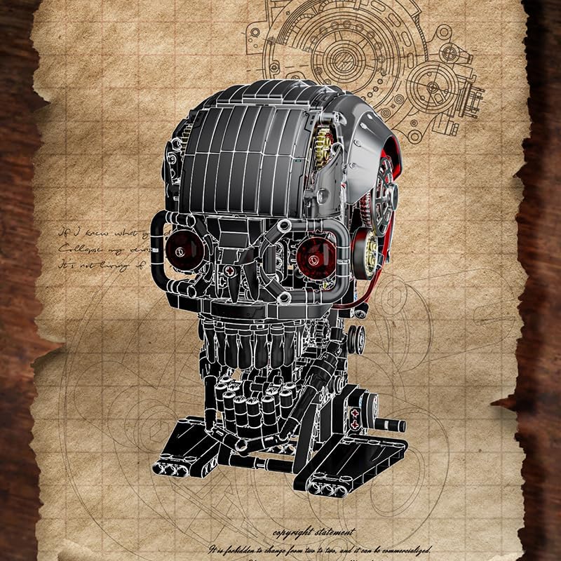 Image of SKY LINE OCEAN Mechanical Skull Building Block Set (1099+ PCS) - Poseable 3D Steampunk Skull Model with Moving Jaw, STEM DIY Construction Kit, Gothic Horror Decor Collectible Gift for Ages 14+