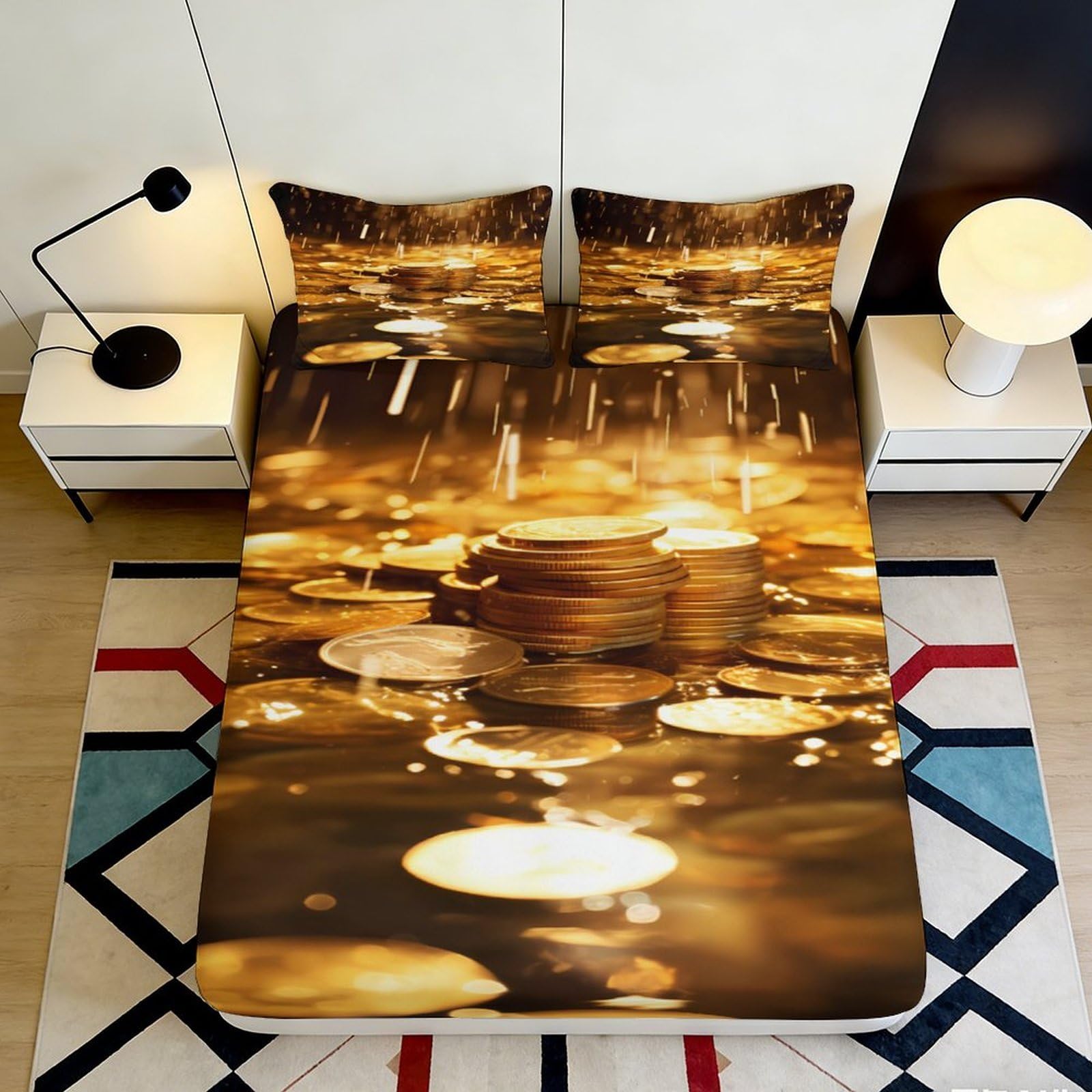 3D Printed Golden Coins Fitted Sheet Microfiber Soft Breathable Rain Coin Bed Cover for Bedroom Dormitory Guest Room Mattress Protection Decor 140x200x25cm