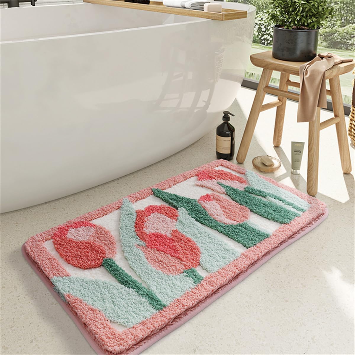 Floral Shag Bath Rug, Extra Soft, High Absorbent, Non-Slip Plush Shaggy Bath Carpet, Machine Washable, Great for Bathroom Floor, Tub and Shower, (19.68"x 31.49", Forest)