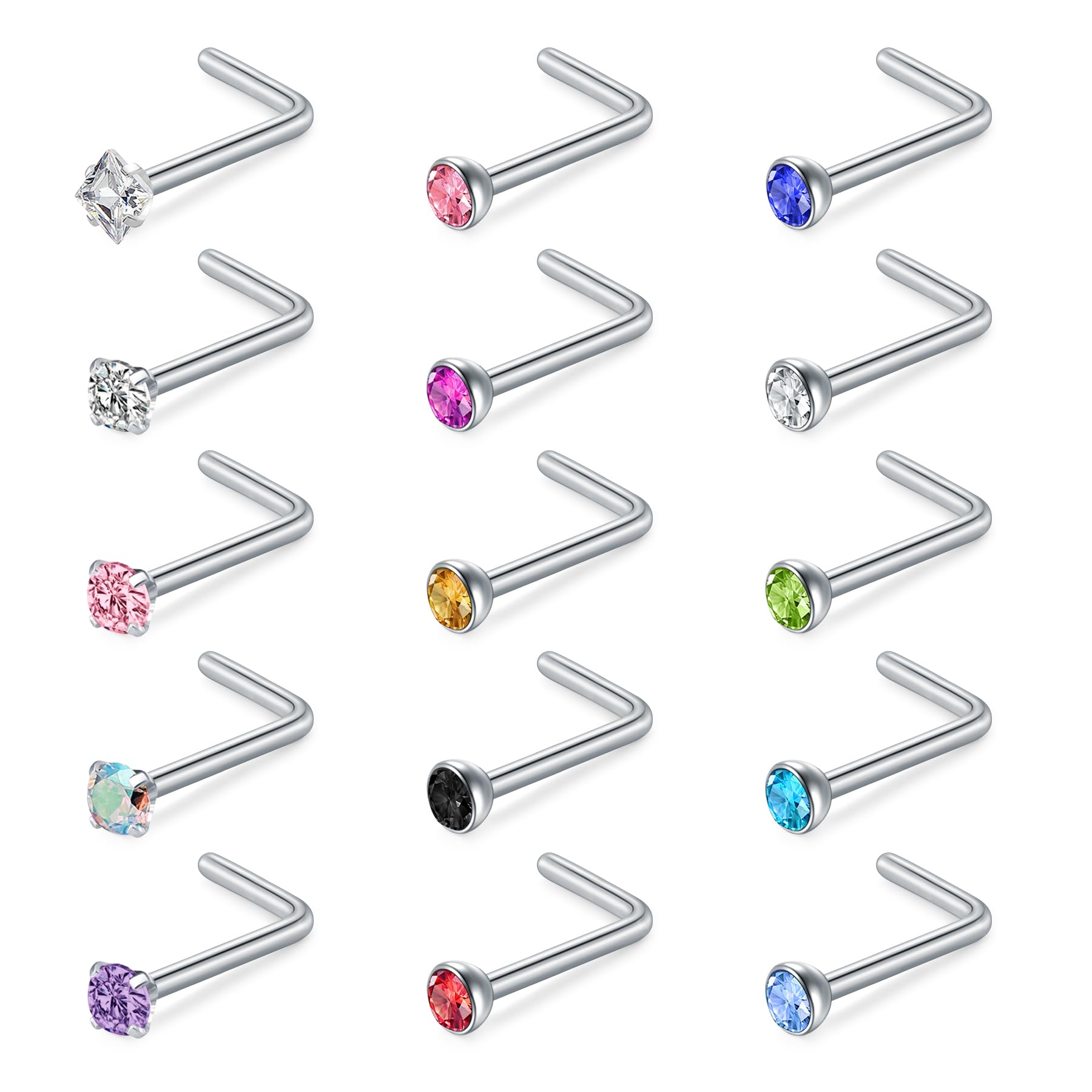 WillTen 20G Nose Studs L Shape Women Nose Studs Colorful Diamond CZ Silver Stainless Steel Heart Start Piercing Jewelry — view 16