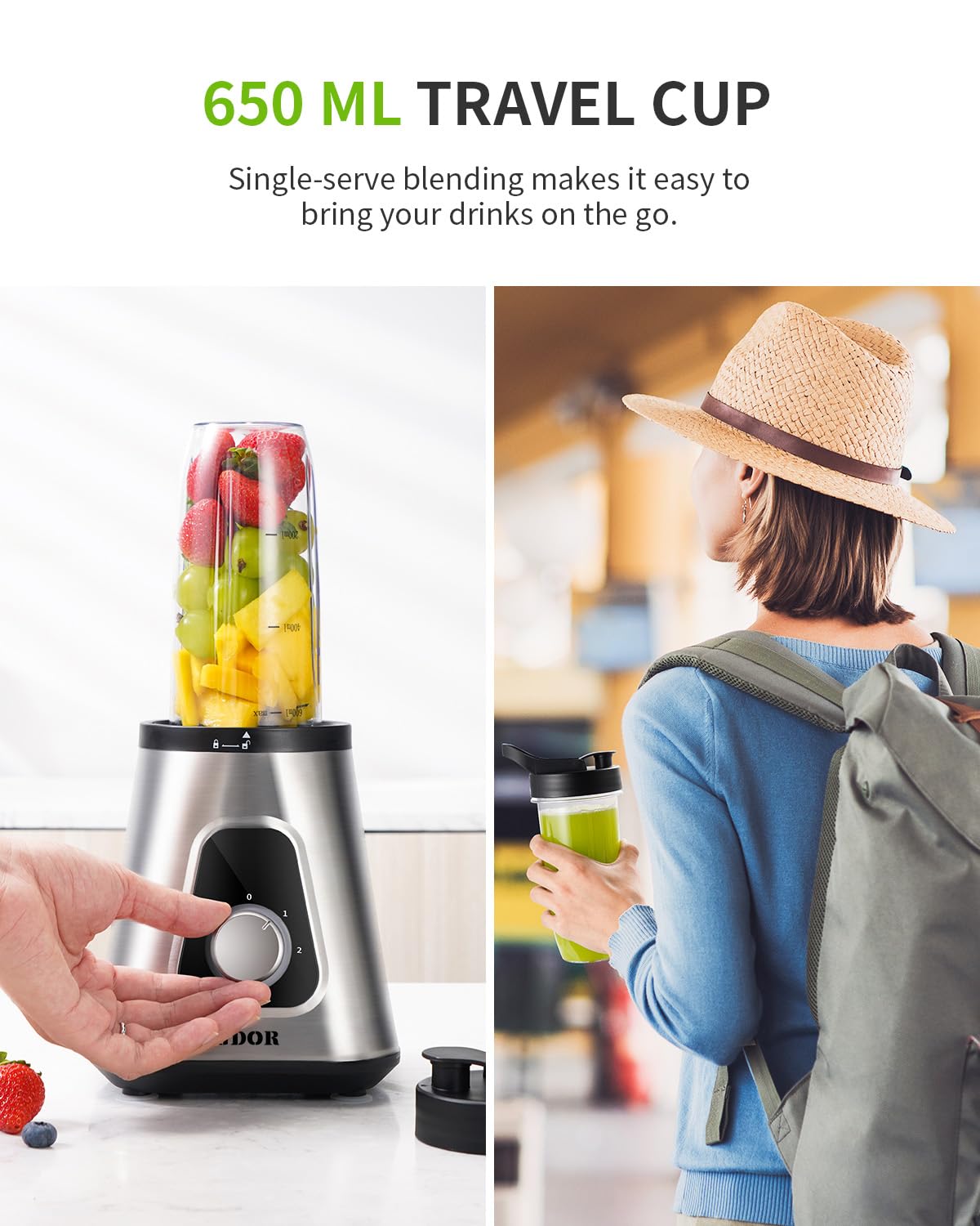 GDOR Standmixer 1100W, Mixer Smoothie Maker mit 1,5L Glaskrug und 650ml Reisebecher Professionell Hochleistungsmixer 3 Geschwindigkeiten Blender für Smoothies Shakes Eis gefrorene Früchte Saucen