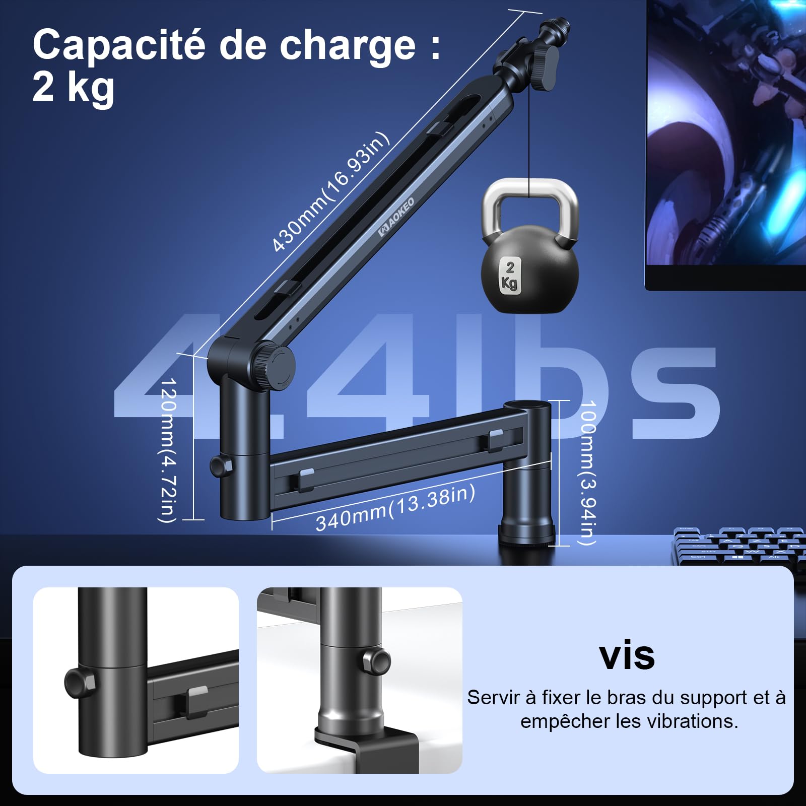 Bras Micro,Aokeo AK-58 Support Articulé de Bureau à Profil Bas pour Blue Yeti,Snowball iCE,HyperX QuadCast/SoloCast,Elgato Wave,etc