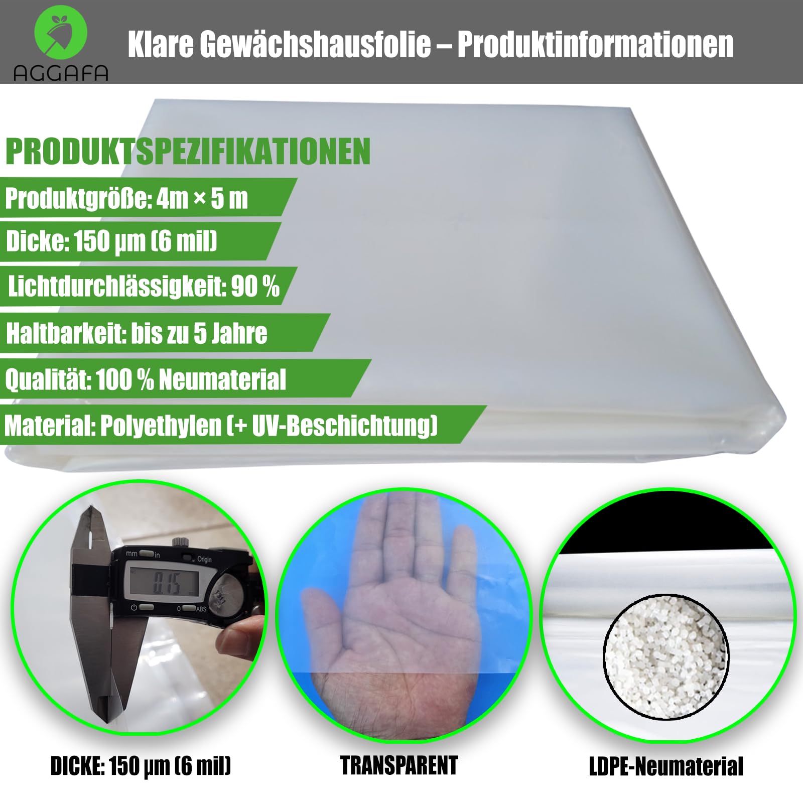 Hochbelastbare Gewächshausfolie – 150 µm (6 mil) Klare Polyethylen-Folie, 4 Jahre UV-Beständigkeit, 90 % hohe Lichtdurchlässigkeit, hergestellt aus 100 % jungfräulichem Rohmaterial (4 m x 5 m)