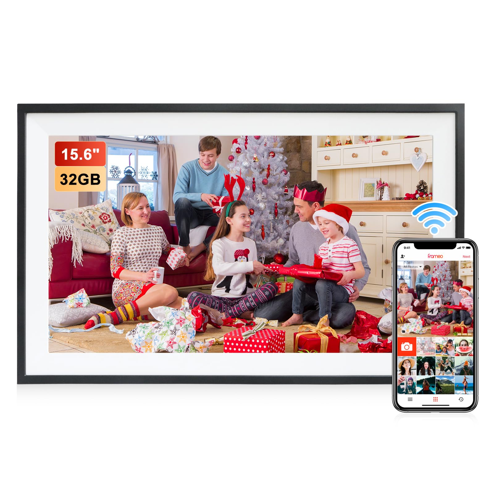 Frameo Marco de fotos digital de 15,6 pulgadas, WiFi, 1920 x 1080 FHD IPS, pantalla táctil inteligente, marco de fotos electrónico grande con 32 GB, rotación automática, compartir imágenes, vídeos