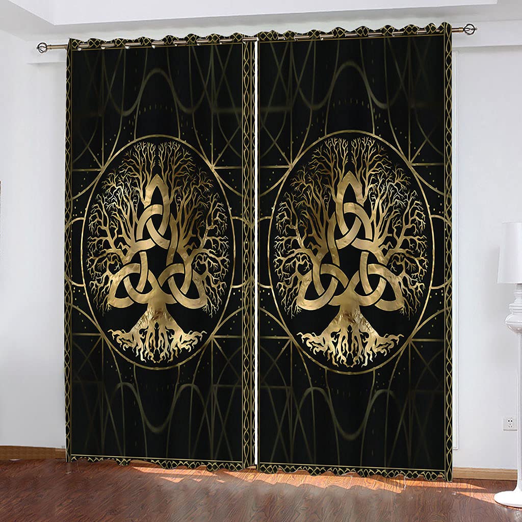 Maynuo Boys Golden Curtains For Bedroom 3D Abstract Tree Printed Curtain For Kids Blackout Eyelet 110X62inch Pattern Thermal Insulated Room Window Draperies For Living Room