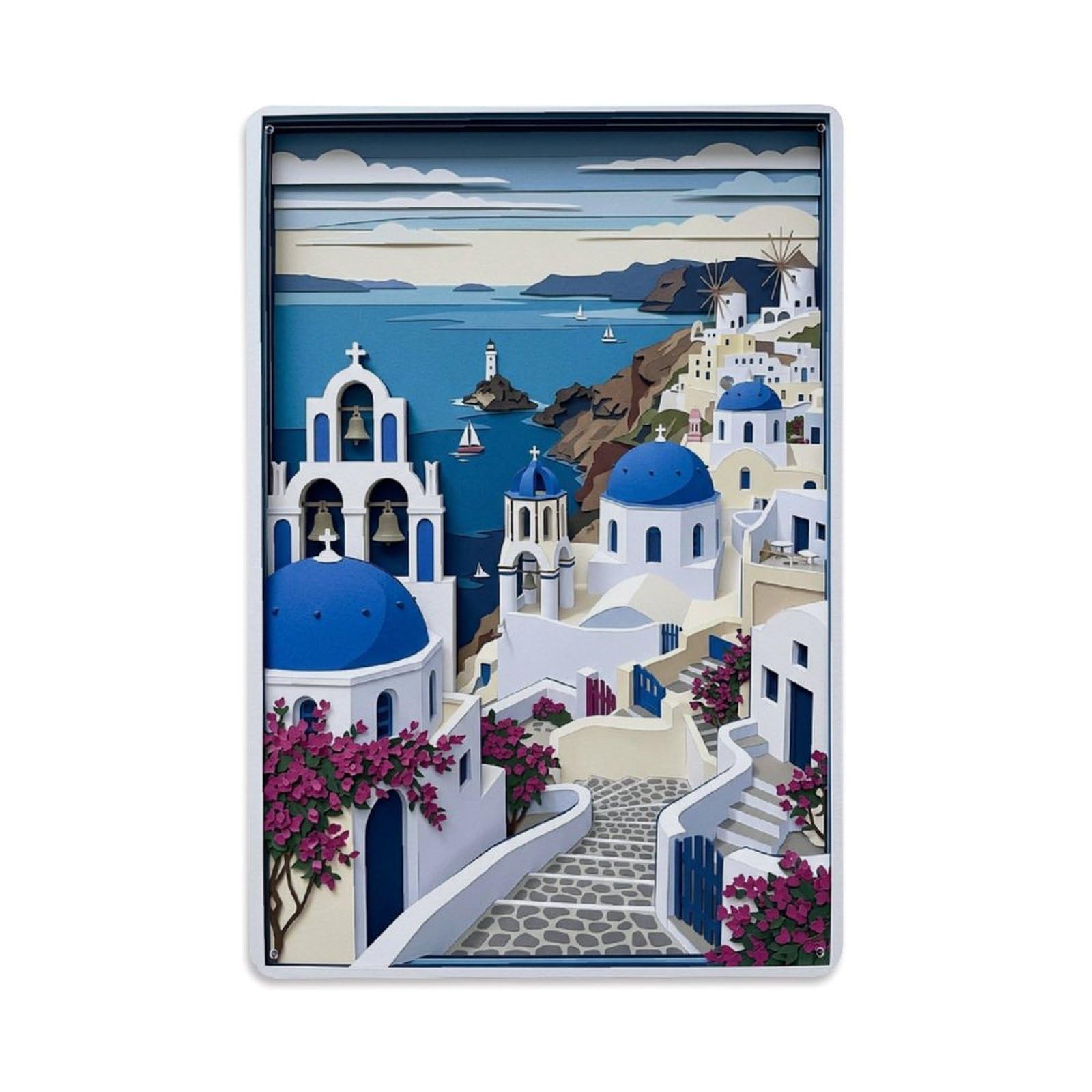 Greek Island Santorini Aegean Dome Coastal Village Metal Tin Sign Plaque Wall Decor for Cafe, Man Cave, Club Bar, Office, Home Garden Round Metal Poster 8x12Inch
