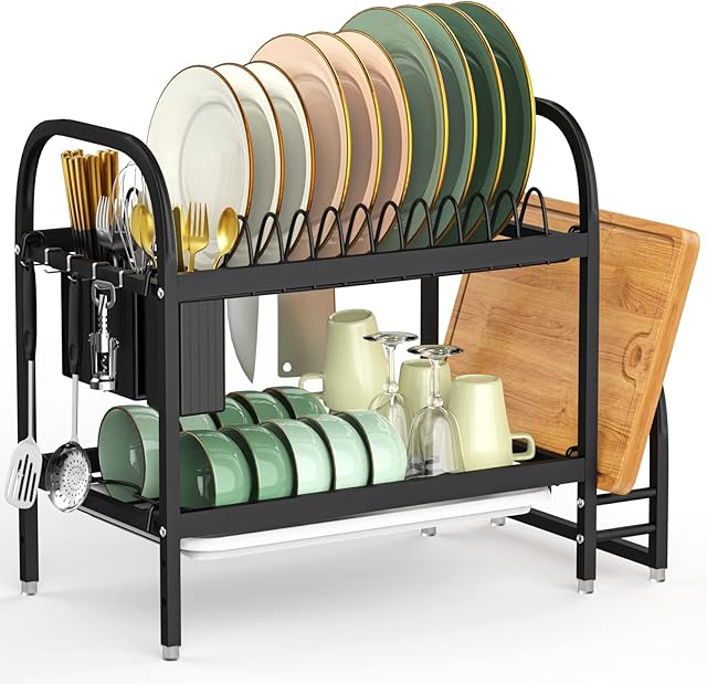 MOKANI 2 Tier Dish Drying Rack, Anti-Rust Dish Drainer Rack with Drip Tray, kitchen Drainer Plate Drying Rack with Draining Board and Utensils Holder for Kitchen Countertop (Black)