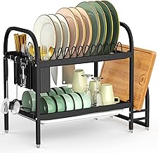 2 Tier Dish Drying Rack, Anti-Rust Dish Drainer Rack with Drip Tray, Kitchen Drainer Plate Drying Rack with Draining Board and Utensils Holder for Kitchen Countertop (Black)