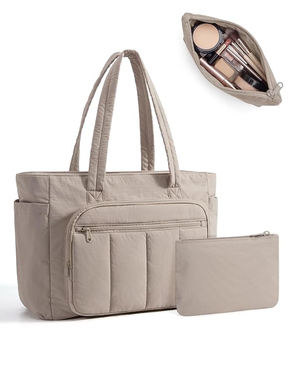 BAGSMART Tote Bag for Women, 2 Set Puffer Tote Bag with Zipper, Quilted Nurse Handbags for Work Travel College, Camel by BAGSMART - Used condition - Image 9