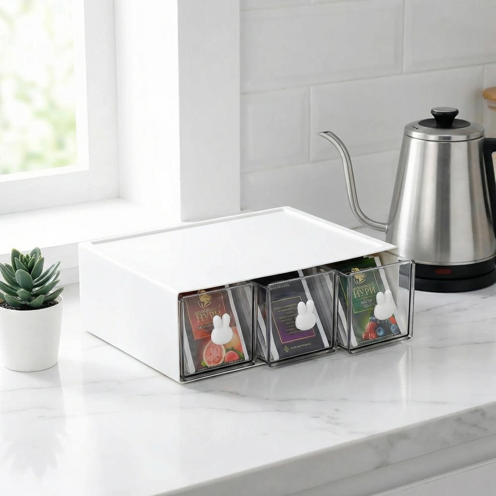 Cajonera para Té Blanca 23×17×8 cm | Caja de Té Transparente con 3 Cajones | Organizador Apilable de Plástico PP | Para Té, Café, Especias y Pequeños Objetos en Cocina/Oficina/Baño