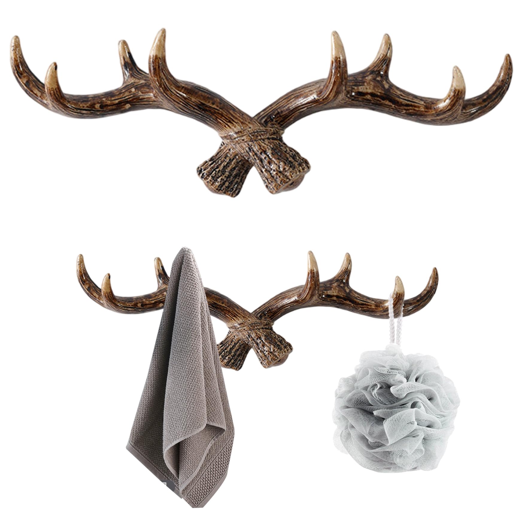 Latemeia Brown Rustic Antler Coat Rack Wall Mount, Deer Antler Decor Hooks For Farmhouse Wall Decor
