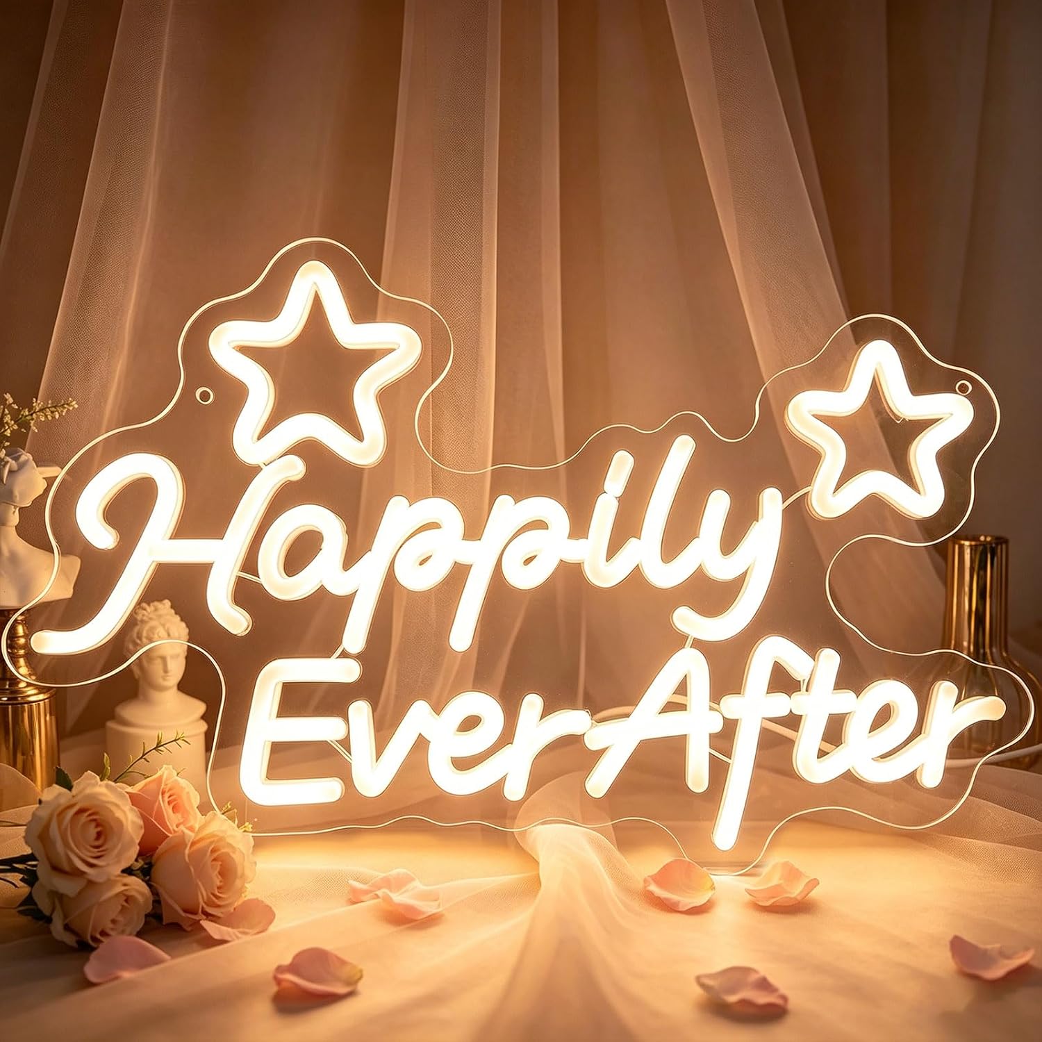 Happily Ever After Wedding Signs, USB Powered Wedding Neon Sign with Dimmer and Sticky Hook, Hanging LED Light Sign Decorations, Home Decor for Bedroom Party Wall 15.75 * 9.45 inch