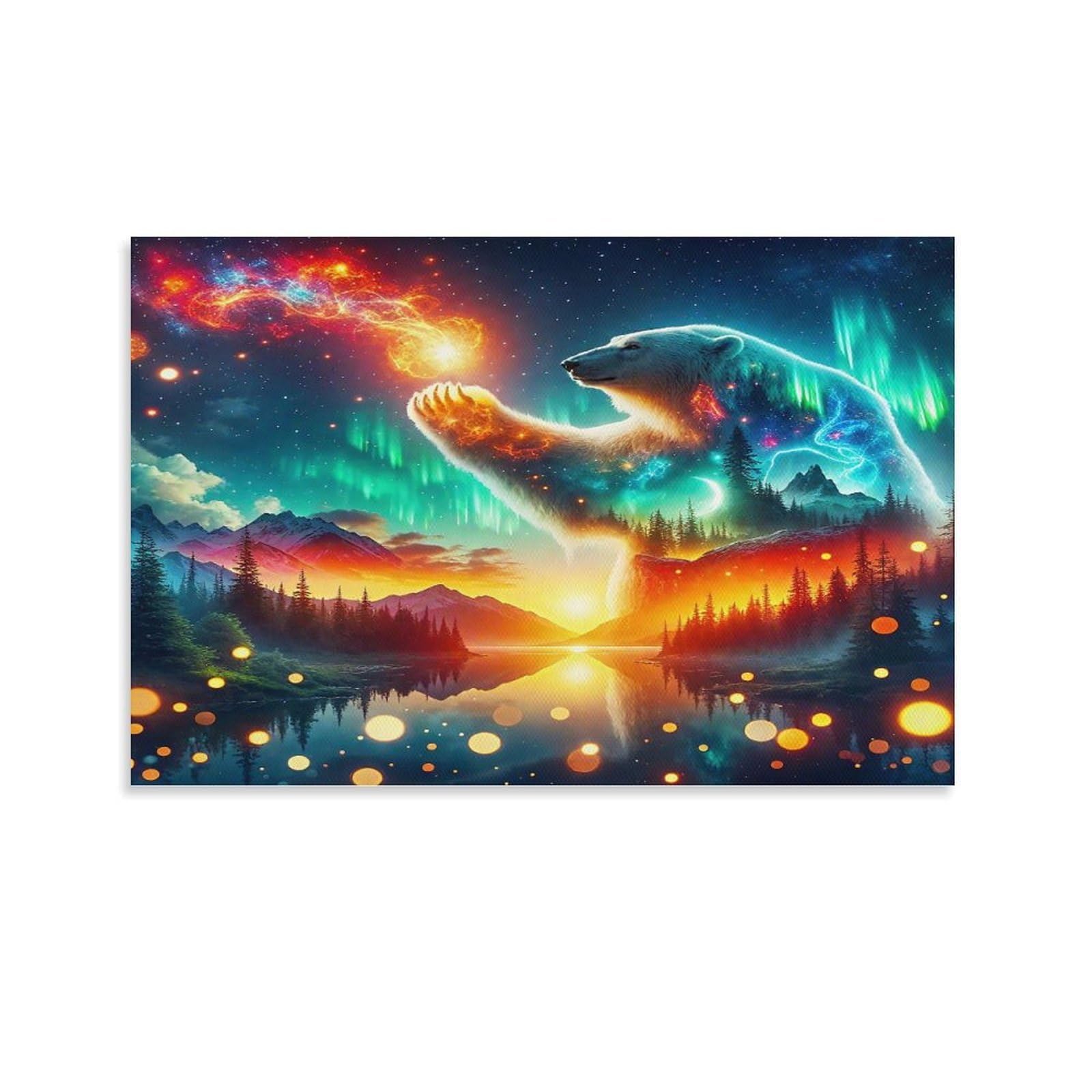 CPLVKWRQJ Cracked Bear Reveals Single Piece Cosmic Polar Bear Aurora Landscape Framed Wall Art - Office Canvas Print Fade Resistant Wall Focal Art Decor 24x36inch(60x90cm)