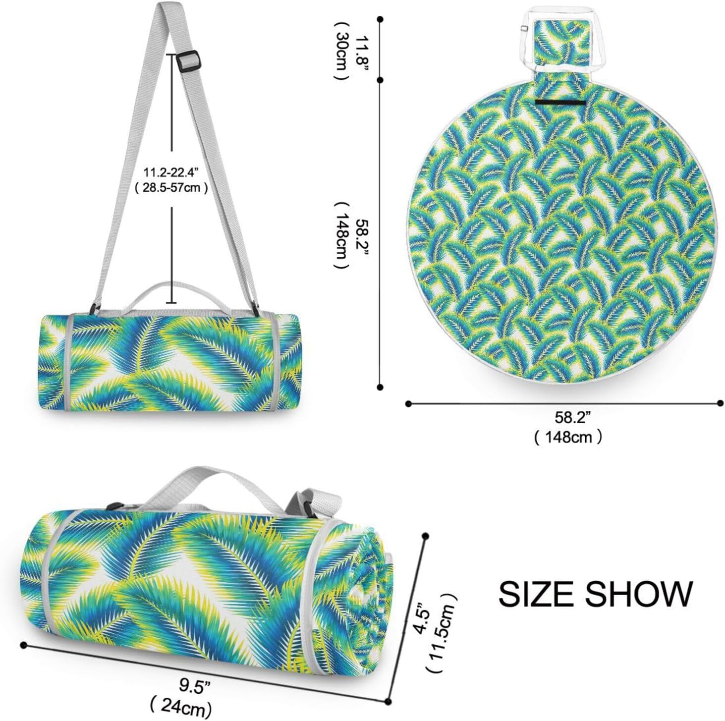 Round Picnic Accessories - Fits 2 Adults, Summer Accessories Packable Beach Picnic Dual Layer, Sand-Free, Soft Throw Rug 58 in (Summer Beach Leaves)