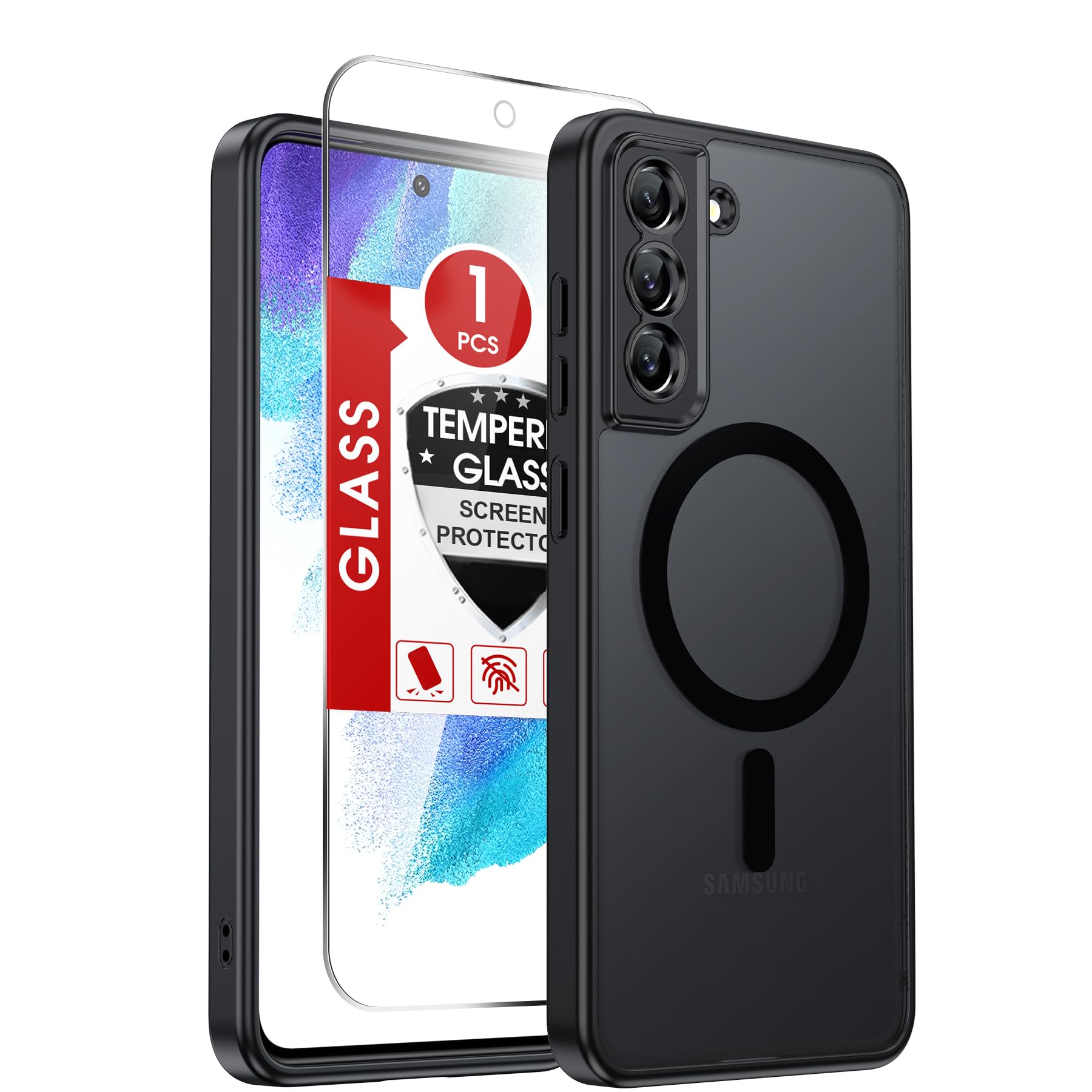 LeYi 삼성 갤럭시 S21-FE 5G 폰 케이스: 【160% 사이즈】 액정보호필름이 있는 Mag-Safe와 호환, 군용 등급 매트 반투명 소프트 터치 스킨 펀다 파라 S21FE, 블랙