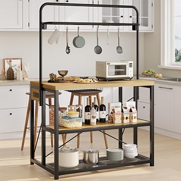 47 Kitchen Island with Storage, Large Bakers Rack with Power Outlet Microwave Oven Stand W/ 3-Tier Shelves & 8 Hooks for Pantry Organization, Metal Coffee Bar Table for Dining Living Room, Natural