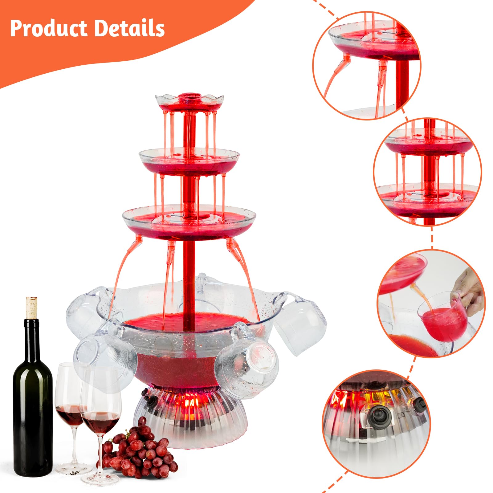 Fontaine de fête transparente à 3 niveaux, fontaine de fête à vin rouge avec 5 tasses pour boissons au vin liquide, base éclairée par LED, placement stable, pour jeux à boire, bar, fête d'anniversaire