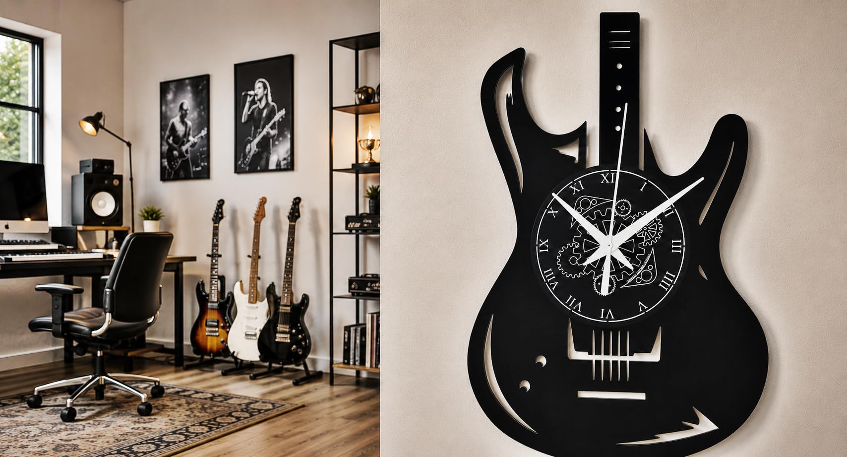 Reloj de Pared con Forma de Guitarra – Silencioso sin tictac | para Músicos, Rockeros, Estudio de Grabación Dormitorio, Oficina, Estudio, Salón