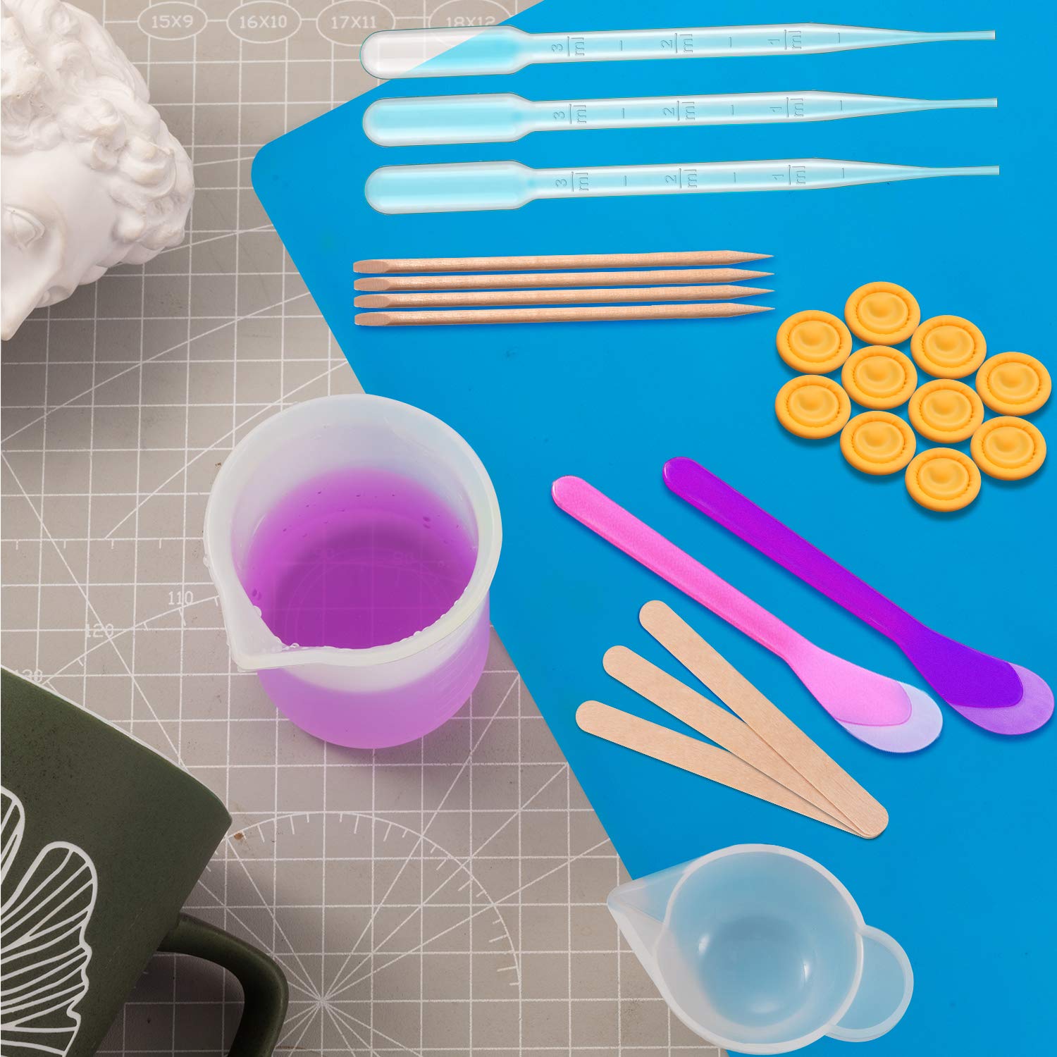 49 Pieces Resin Tools Set, Include A3 Large Silicone Sheet, 100 ml Measuring Cups, Silicone Mixing Cups, Wooden Sticks Mixing Spoons for Epoxy Resin Crafts Painting Supplies (Blue)
