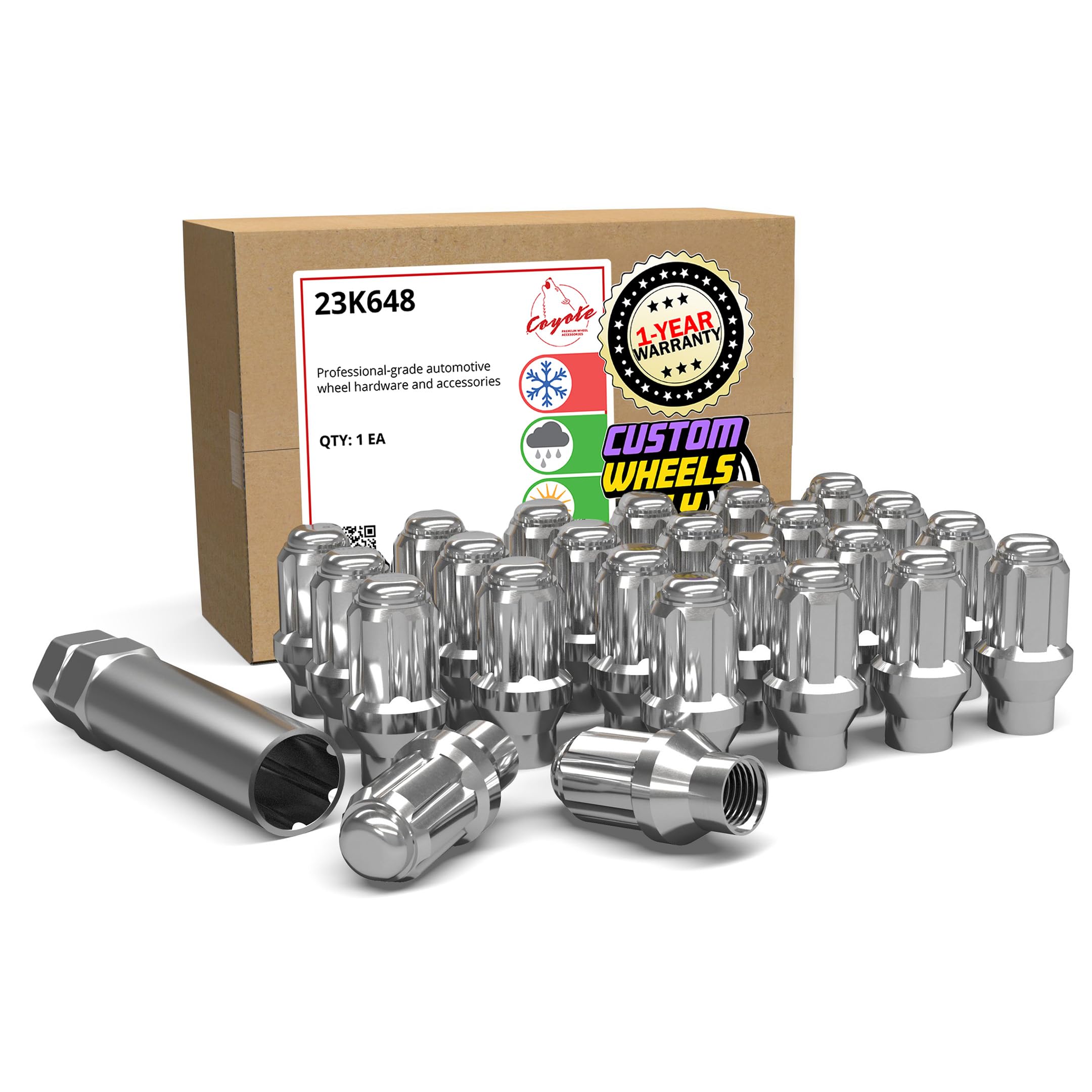 Chrome Plated Open-End Bulge Acorn Wheel/Lug Nuts, M14x1.5, 19mm Hex, Quantity 6