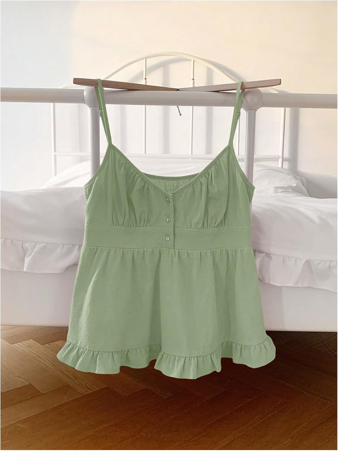 Women's Ruffle Button Camisole Tops Casual V Neck Spaghetti Strap Tank Top - Image 4