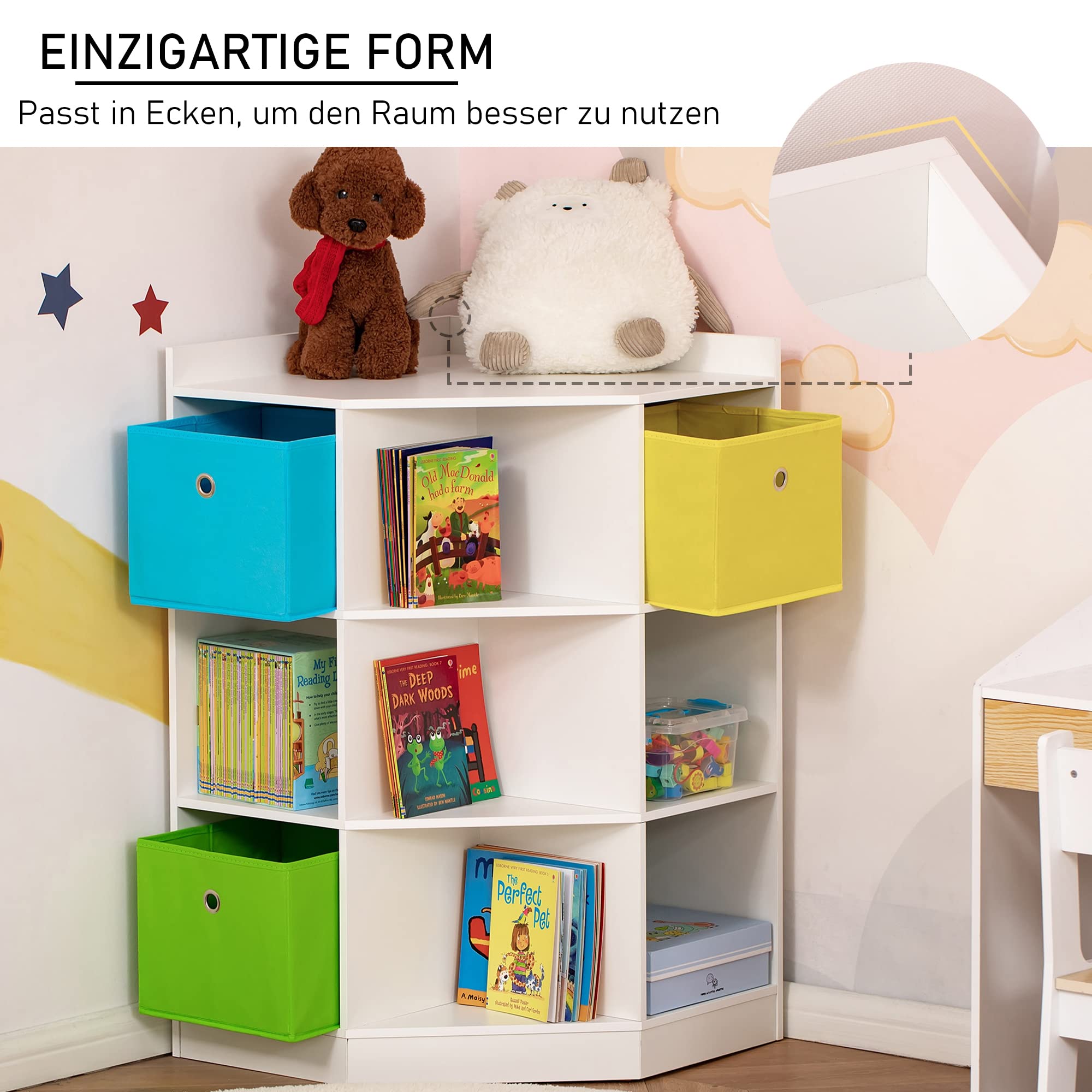 HOMCOM Kinderregal Bücherregal für Kinder Spielzeug-Organizer Kinderzimmerregal mit 3 Aufbewahrungsboxen, 7 offenen Fächern für Kinderzimmer, Kindergarten 57,4 x 57,4 x 94 cm Weiß