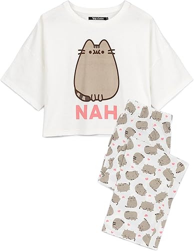 Pusheen Pijama para mujer Camiseta blanca de dibujos animados de gato Nah con pantalones largos Mercancía de anime animal