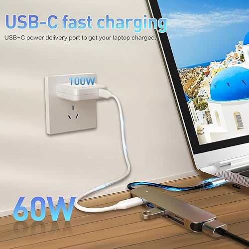 Miniatura 4 de Hub USB C, adaptador USB C 6 en 1 con USB 3.0, 4K-HDMI, conexión USB CPD, lector de tarjetas SDTF, estación de acoplamiento compatible con MacBook