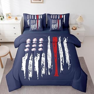 7 Pieces Baseball Comforter Set for Kids Blue White Red Bedding Set Twin Size,American Flag Comforter for Boys Girls Adult Retro Baseball Sports Super Soft Fade Resistant Microfiber Bedding