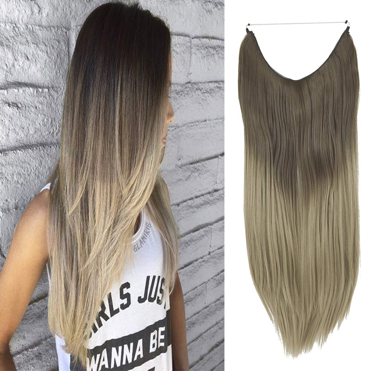 Light Brown To Light Blonde Hair Extension Clear Band Hair Extension Straight Long Synthetic Hairpiece for Women Heat Temperature Fiber 22 Inch 4.4 Oz