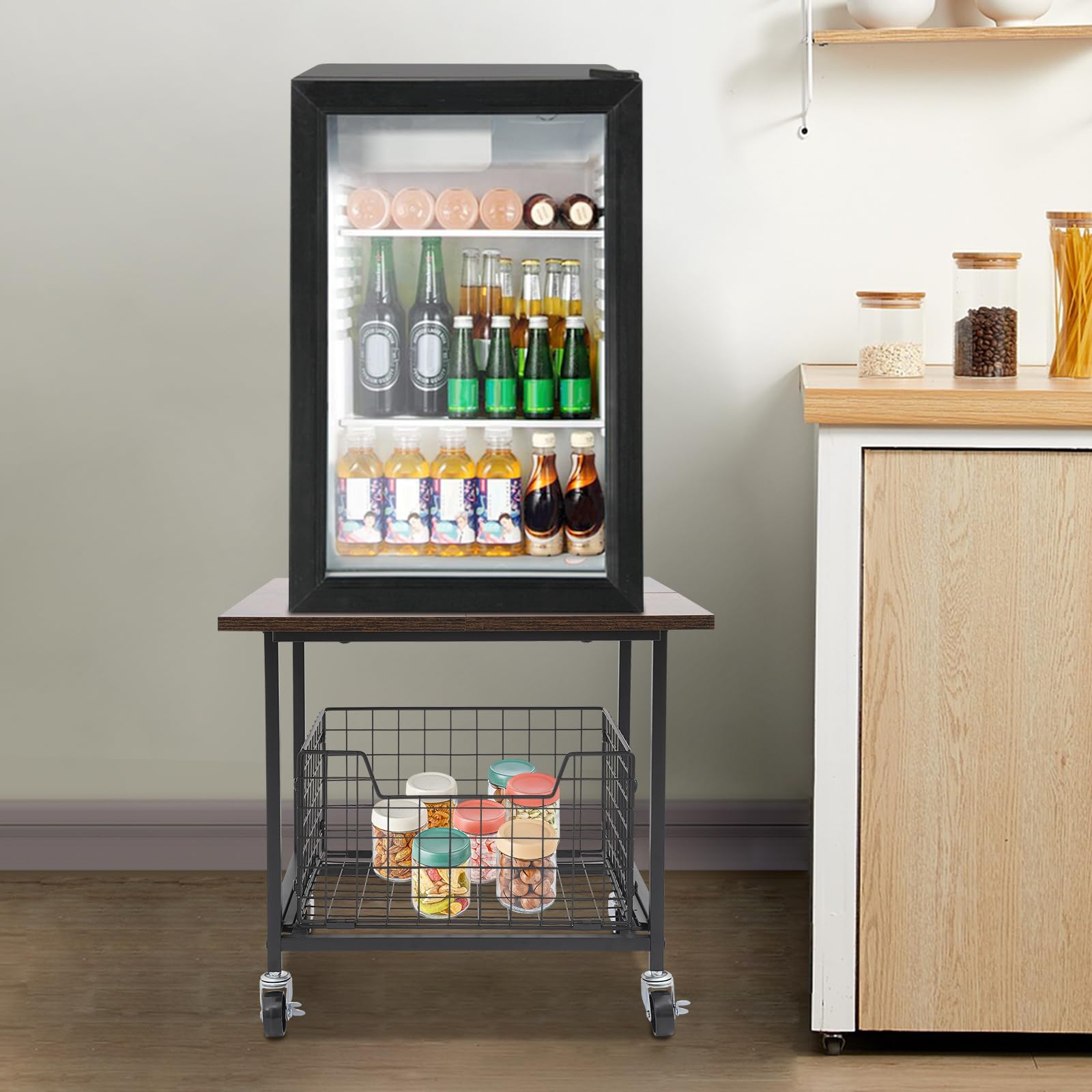 Mini soporte para nevera portátil resistente con ruedas y cesta de almacenamiento extensible, para hogar, oficina o dormitorio, hasta 150 kg (50 x 50 x 44,2 cm)