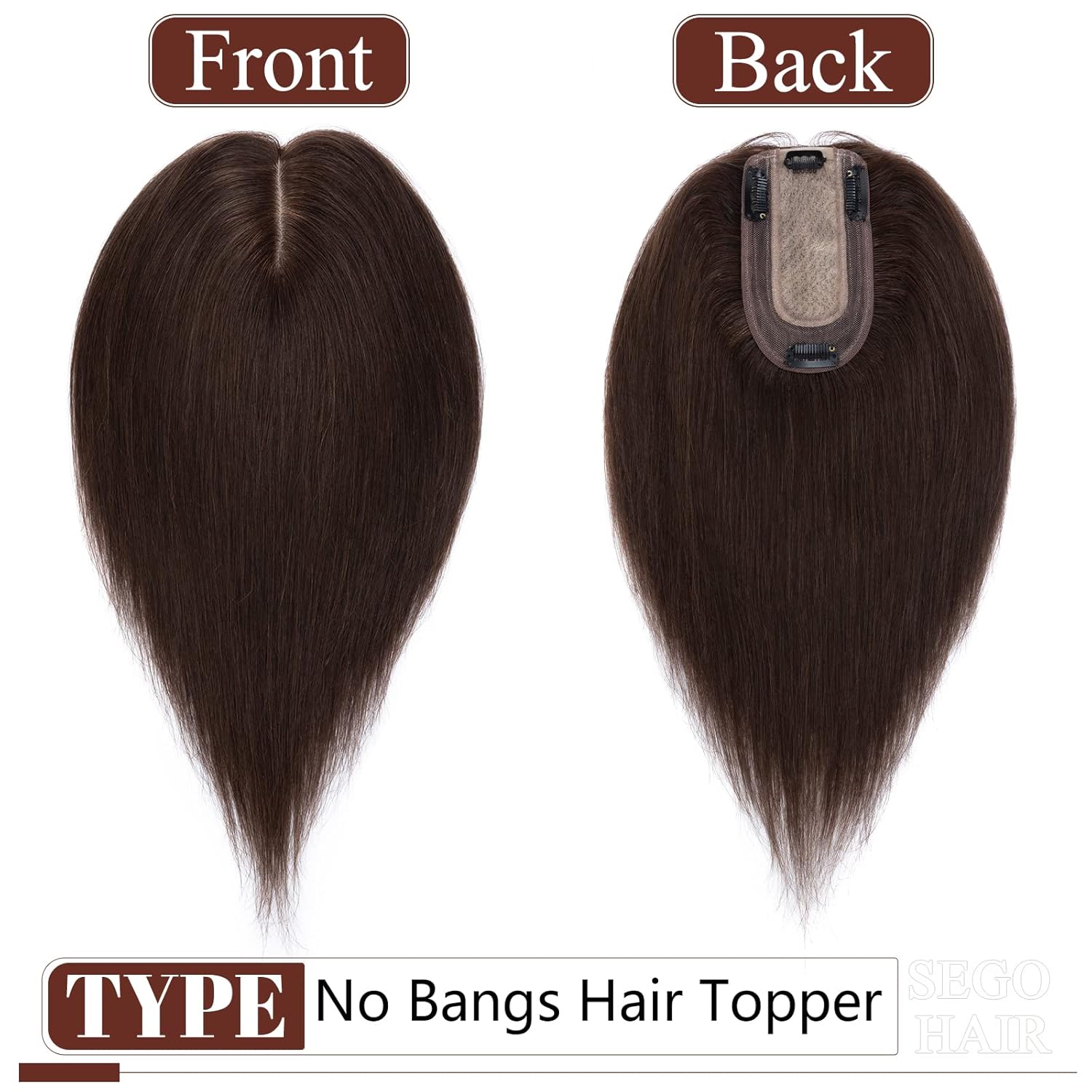 SEGO Real Human Hair Topper for Women, No Bangs Hair Topper with Anti-Slip Clips (18 Inches Dark Brown)