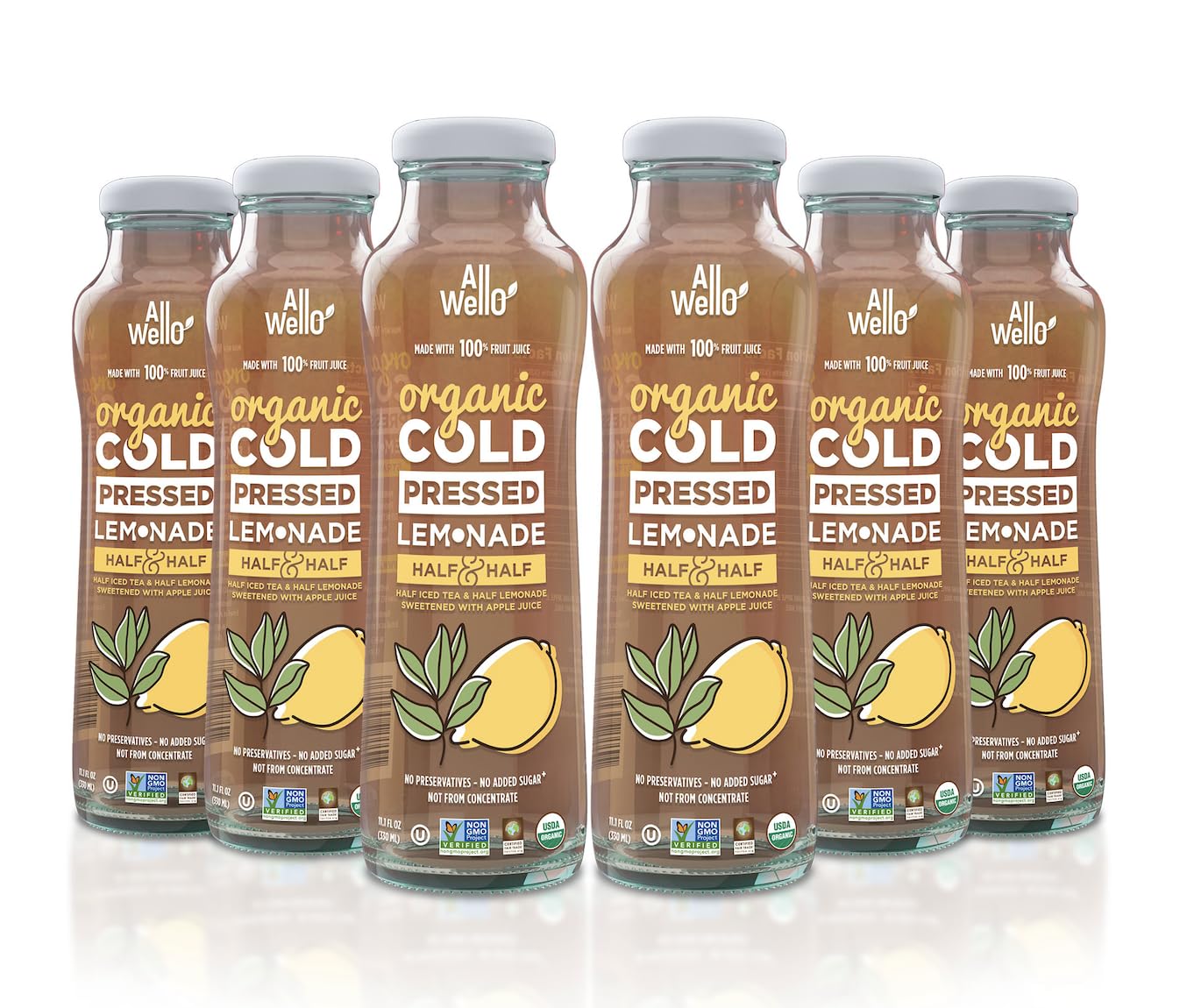 ALLWELLO Organic Cold Pressed Lemonade Gluten Free Non-GMO No Preservatives No Sugar Added (Half Iced Tea, Half Lemonade Blend, 6 Pack)