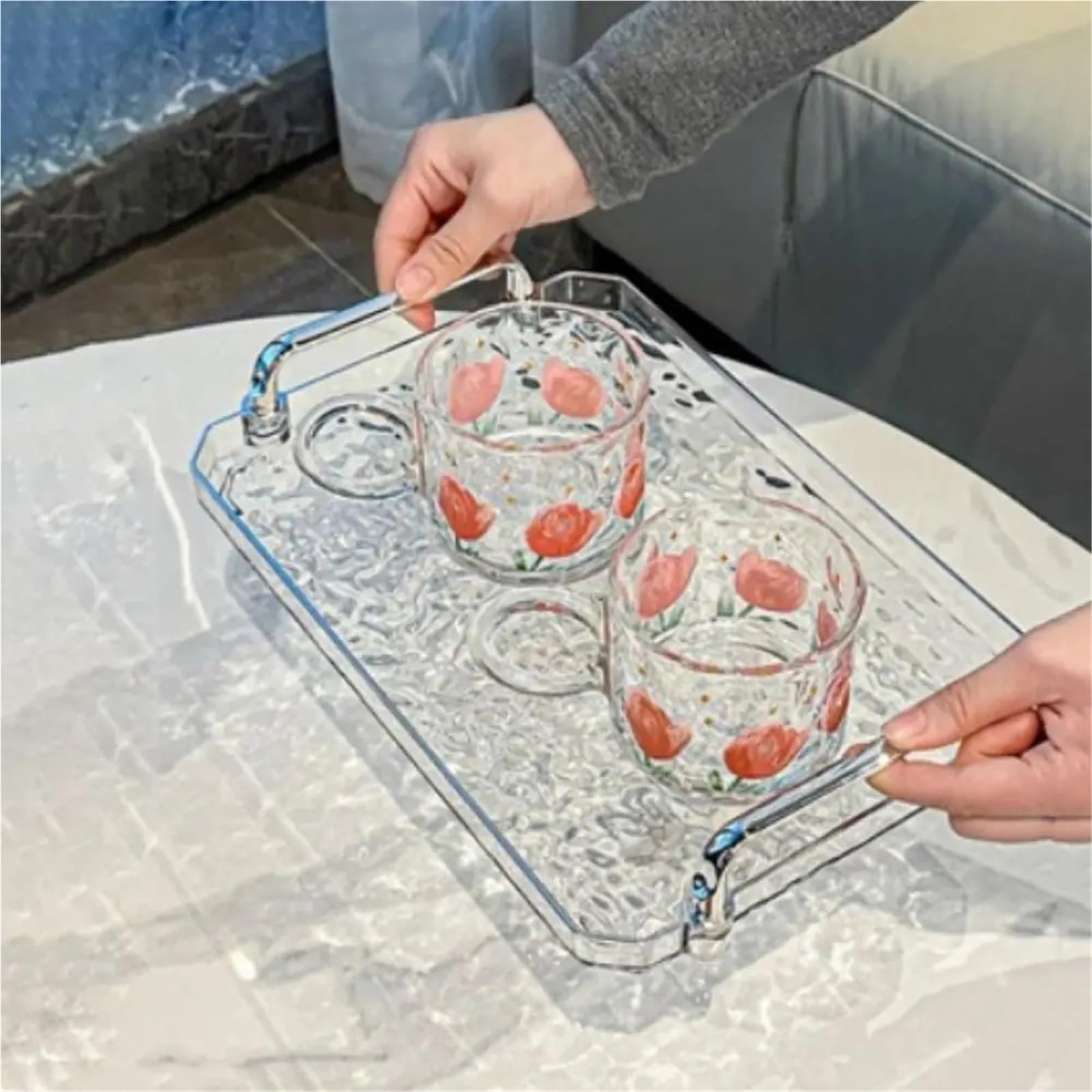 Bandeja Transparente para Servir, Bandeja para Taza de té con asa, Bandeja Decorativa para el té de la Tarde, para Sala de Estar (Gris L)